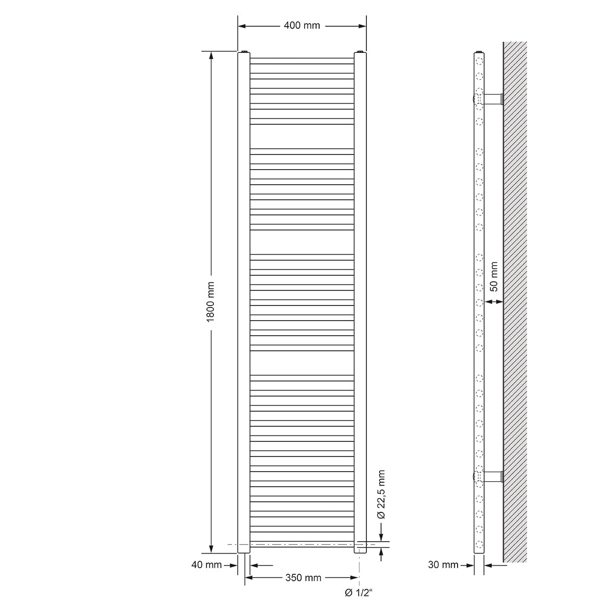 Disegno tecnico di un radiatore per asciugamani con misure.