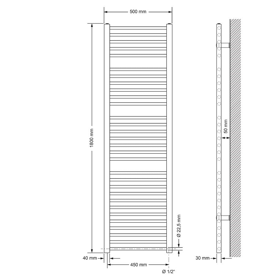 Gerader Heizkörper mit 50 cm Breite und 180 cm Höhe.