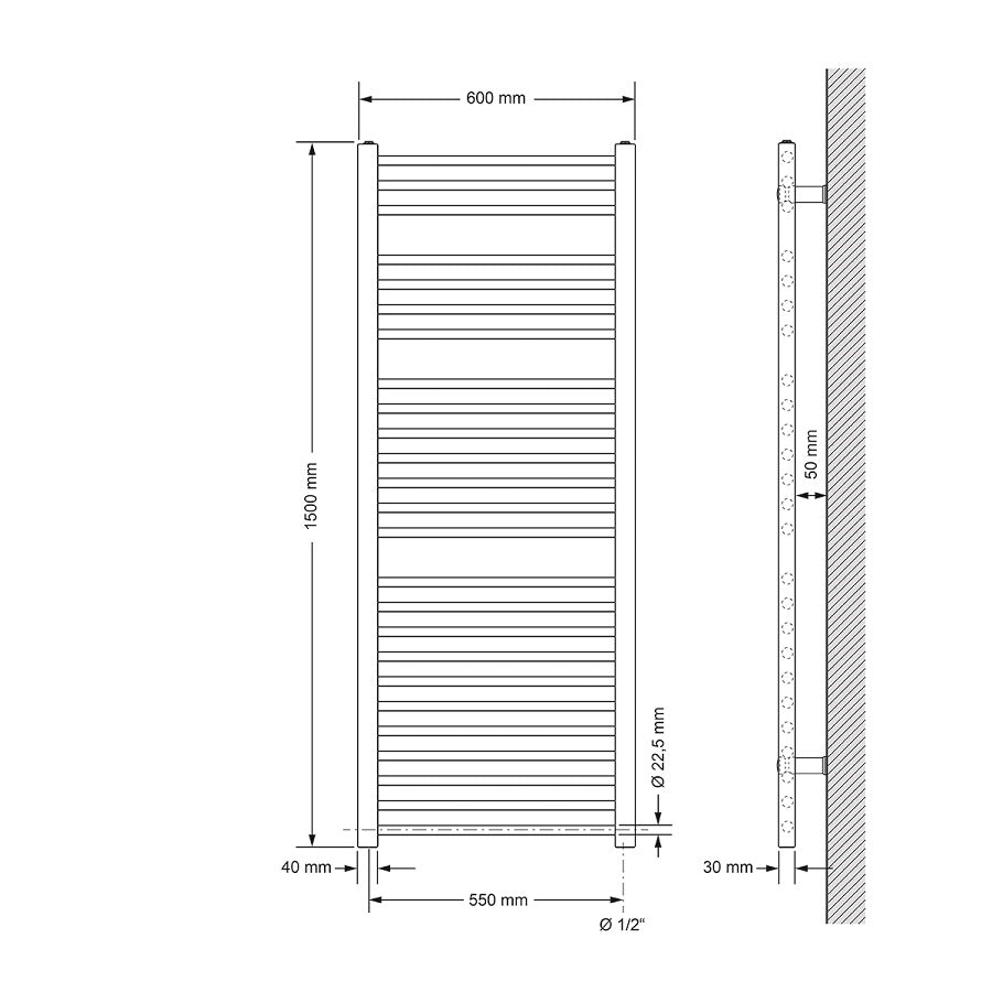 Suora patteri, leveys 60 cm ja korkeus 150 cm, pystysuorat lamellit.