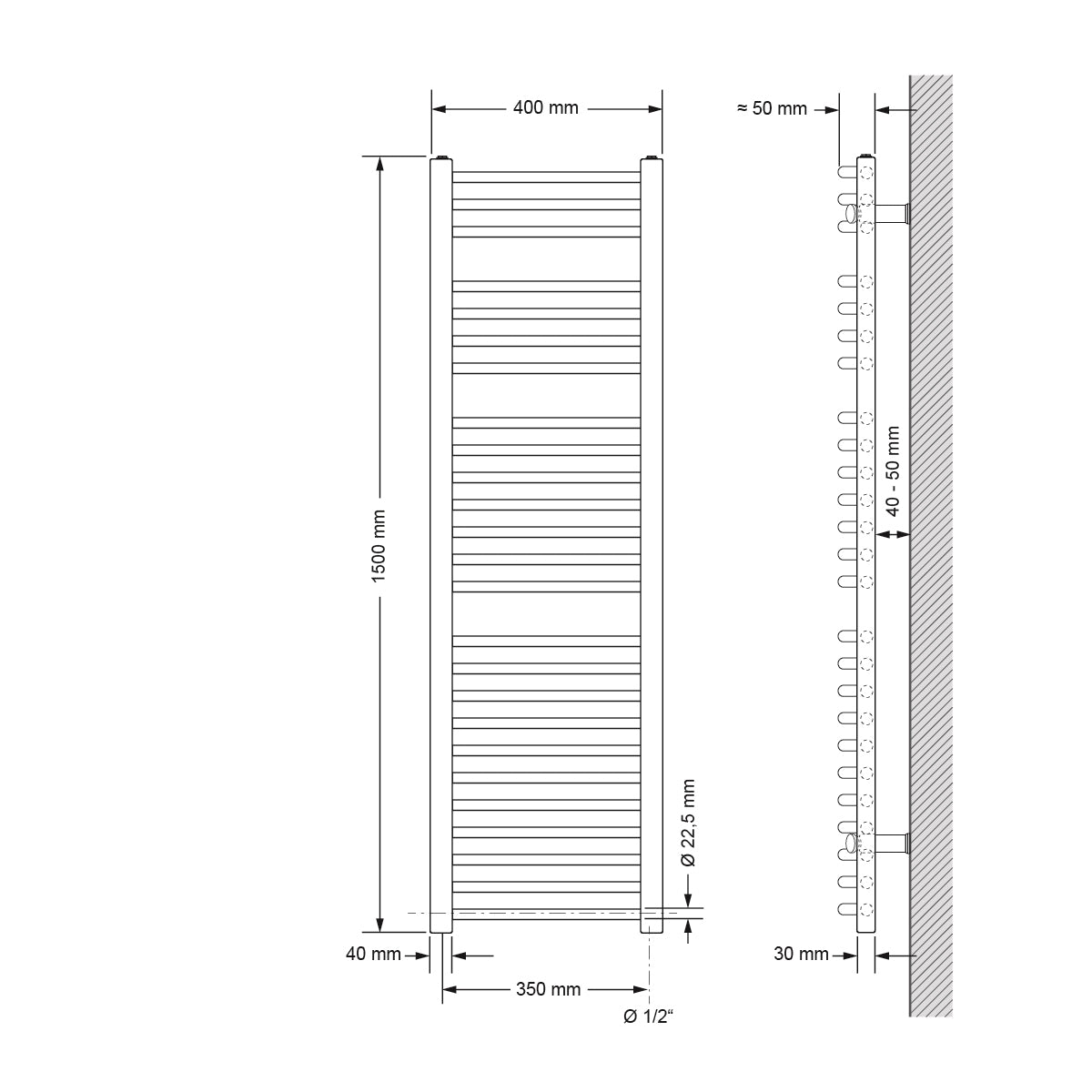 Dessin technique d'un radiateur courbé, dimensions indiquées.