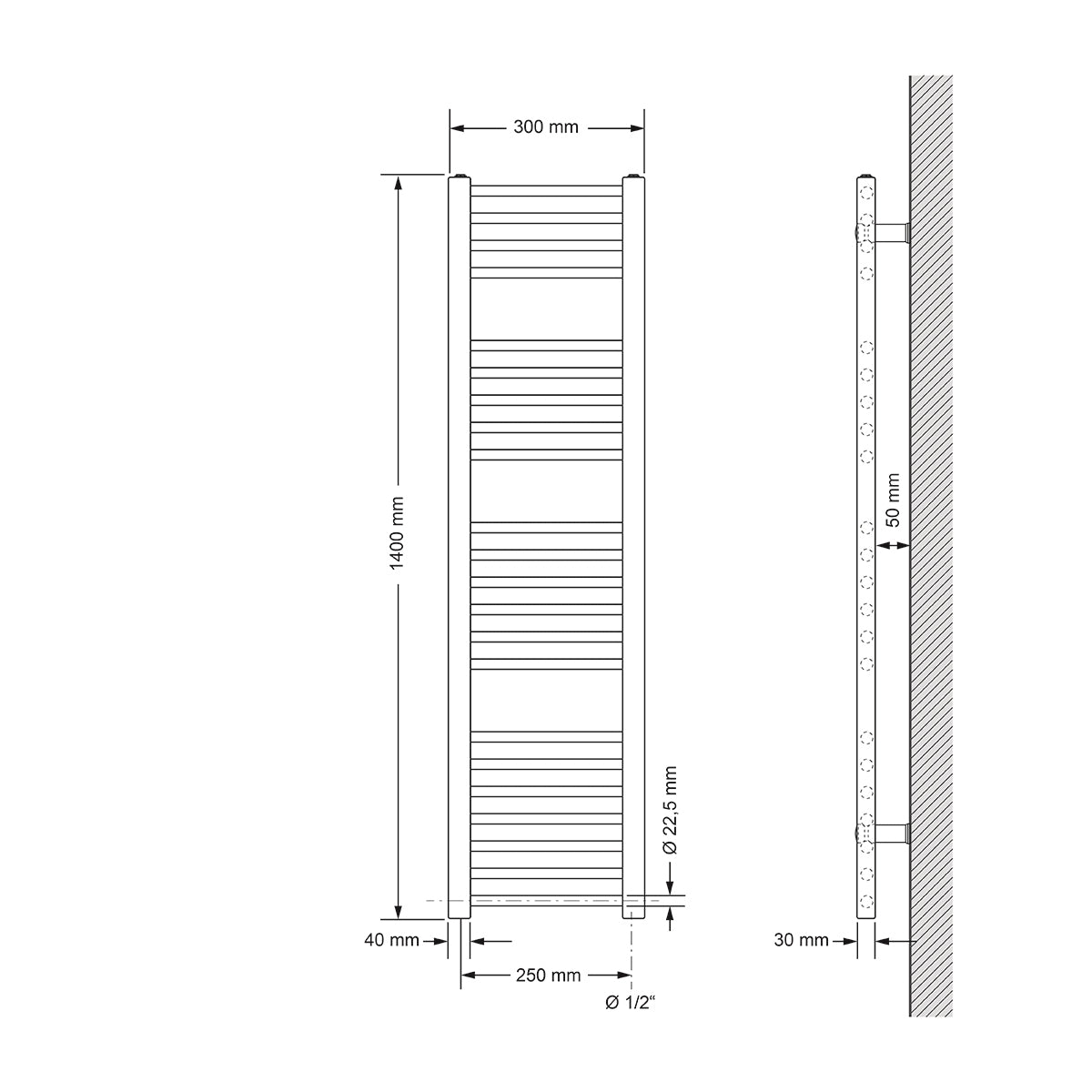 Technický výkres rovného topného tělesa, rozměry 300x140 mm.