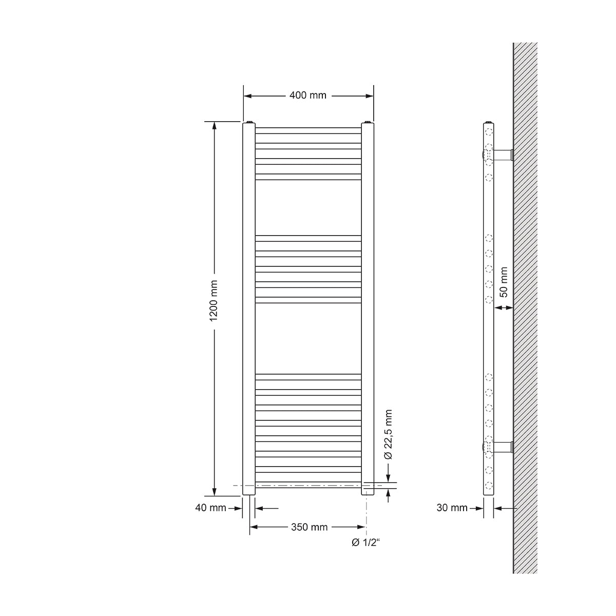 Dibujo técnico de un radiador recto con medidas.