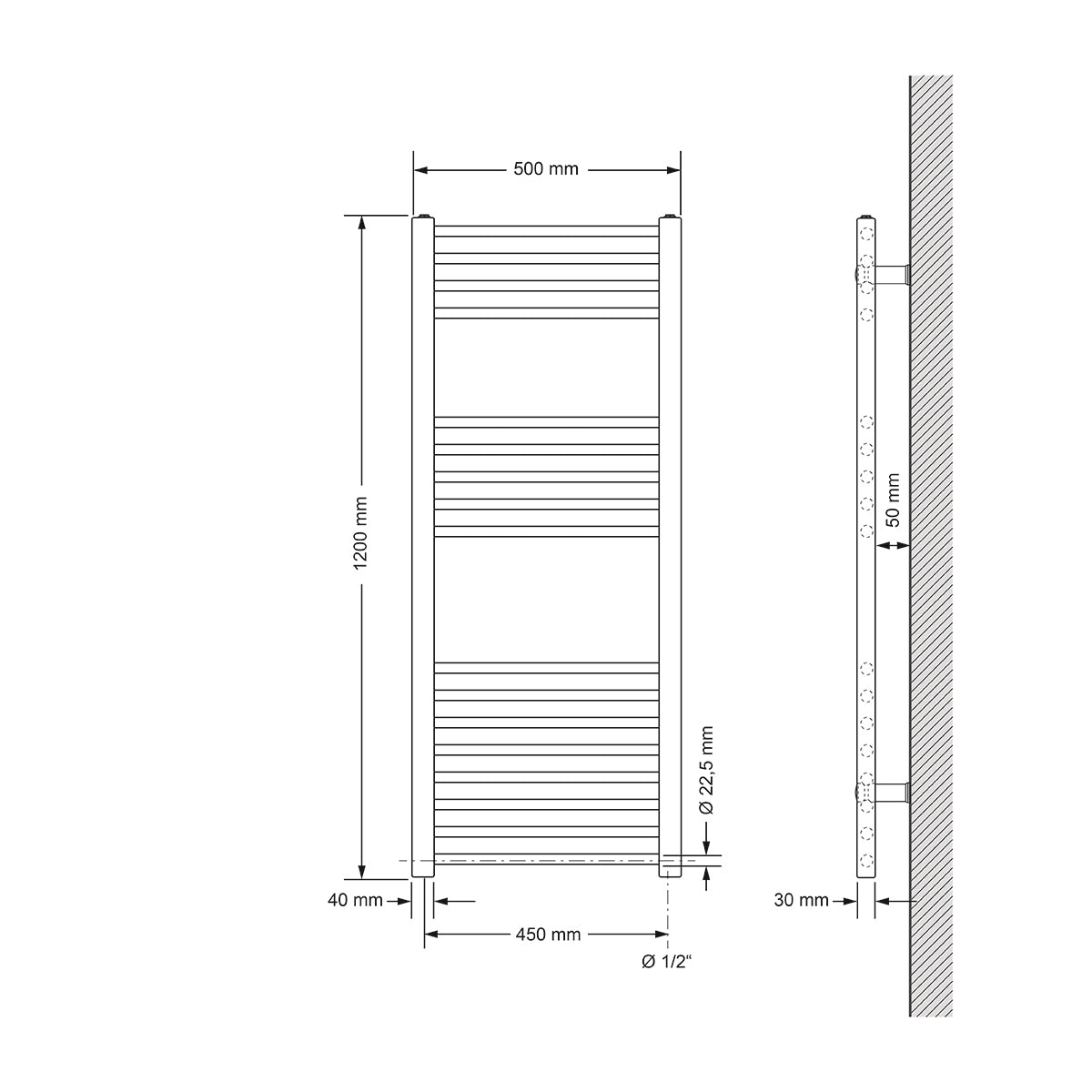 Dibujo técnico de un radiador recto, medidas 500x120 mm.