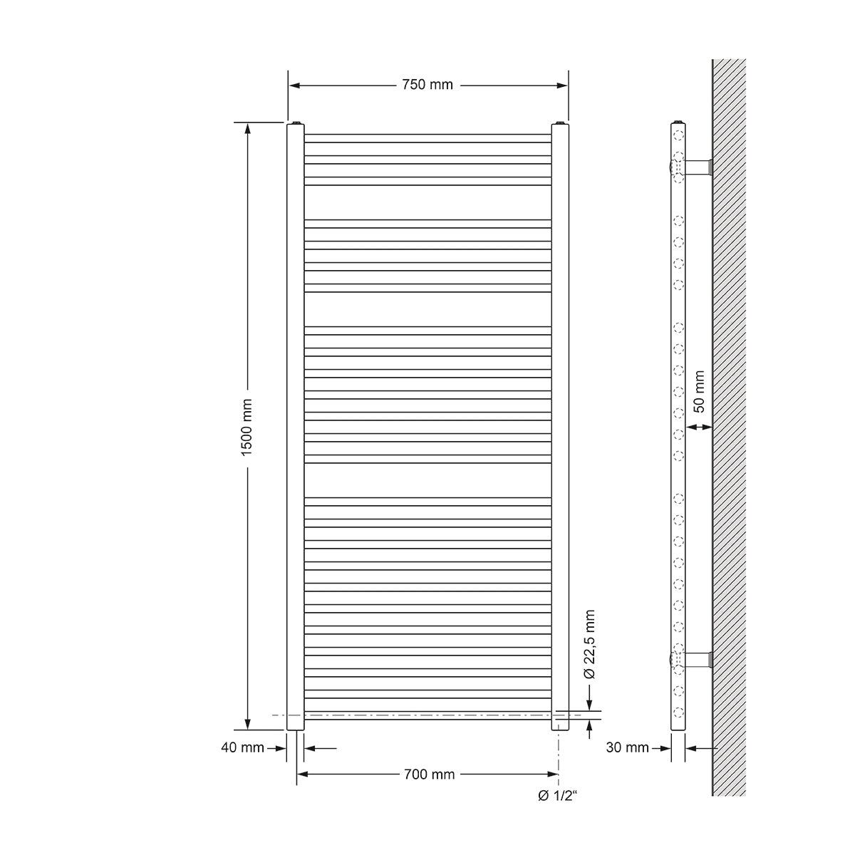 Tekninen piirustus suorasta lämpöpatterista, mitat 750x1500 mm.