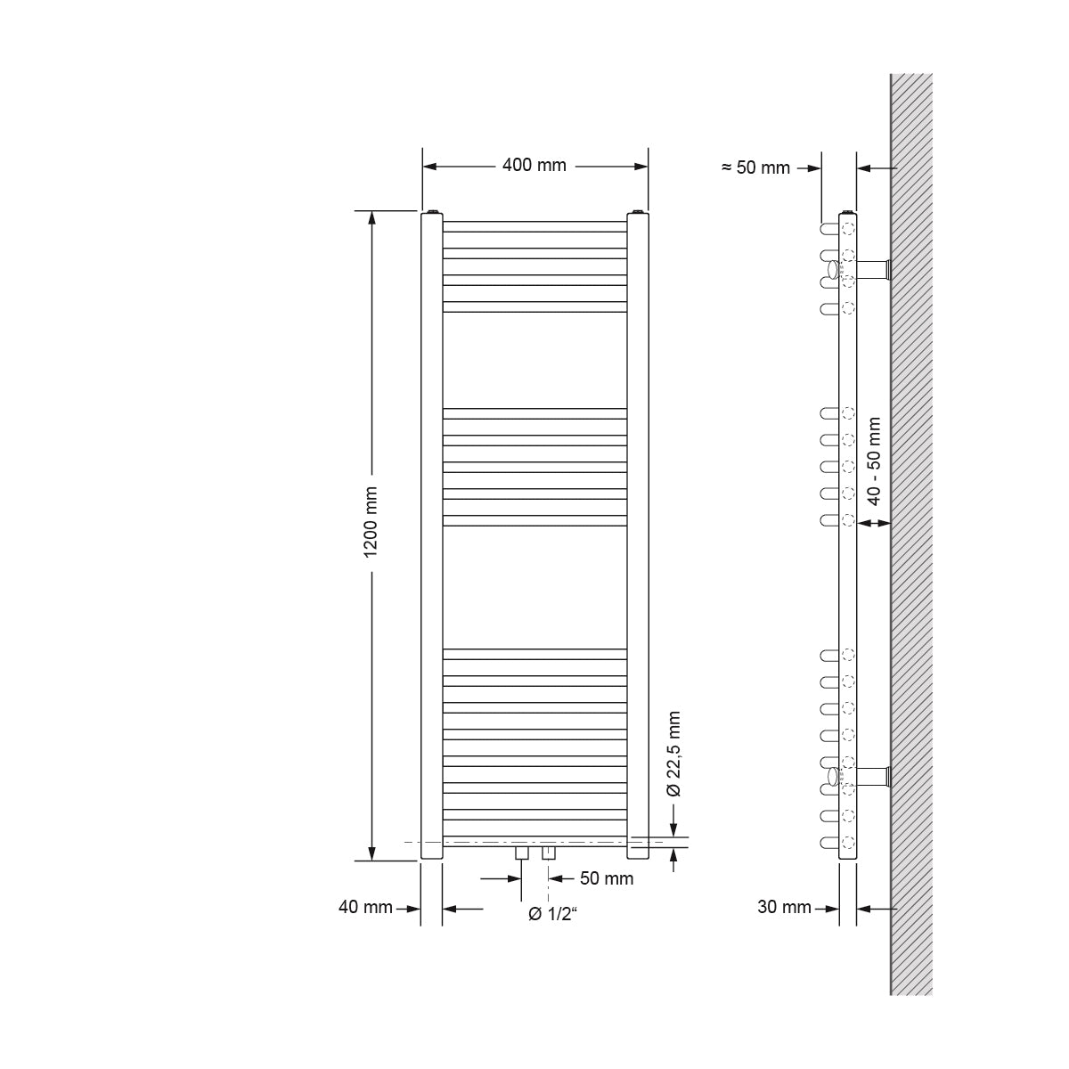 Teknisk tegning af en radiator med mål 400 mm x 1200 mm.