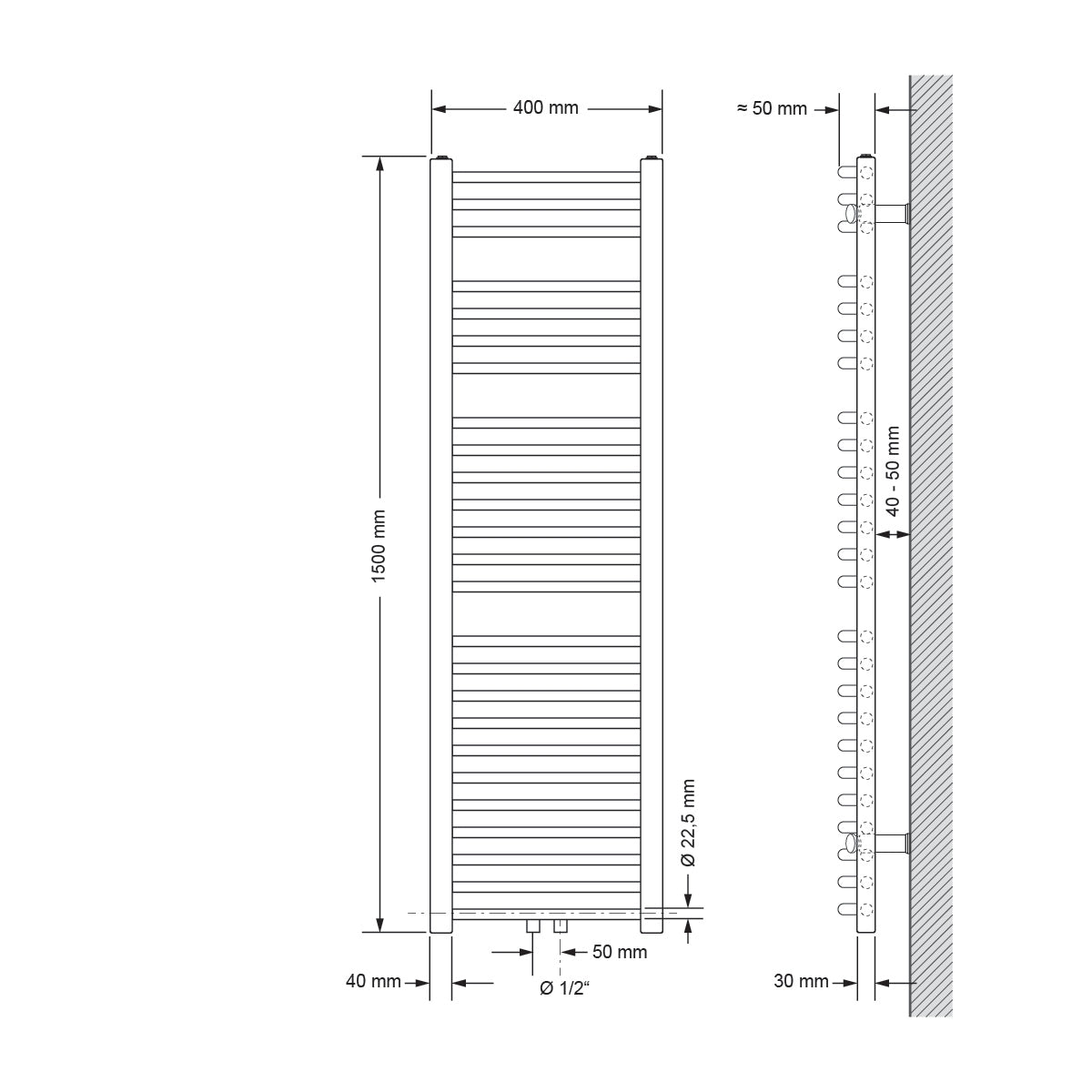Technische Zeichnung eines gebogenen Heizkörpers, Maße 400x1500 mm.