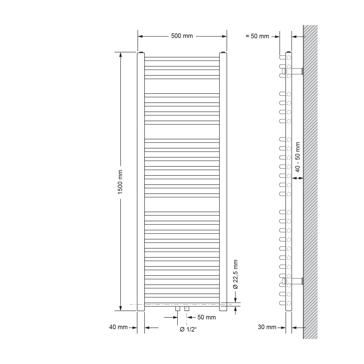 Dibujo técnico de un radiador curvado, medidas 500 mm x 1500 mm.