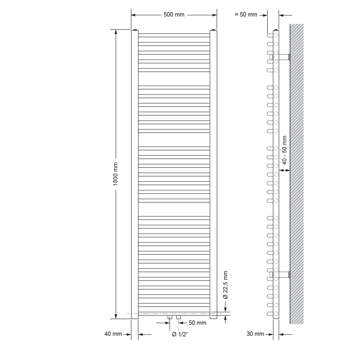 Technische Zeichnung eines Heizkörpers mit Maßen 500 mm x 1800 mm.