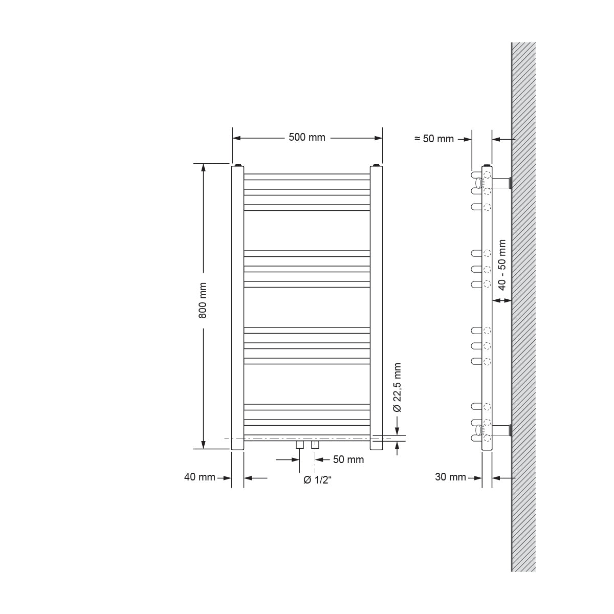Technische Zeichnung eines gebogenen Heizkörpers, Maße 500x800 mm.