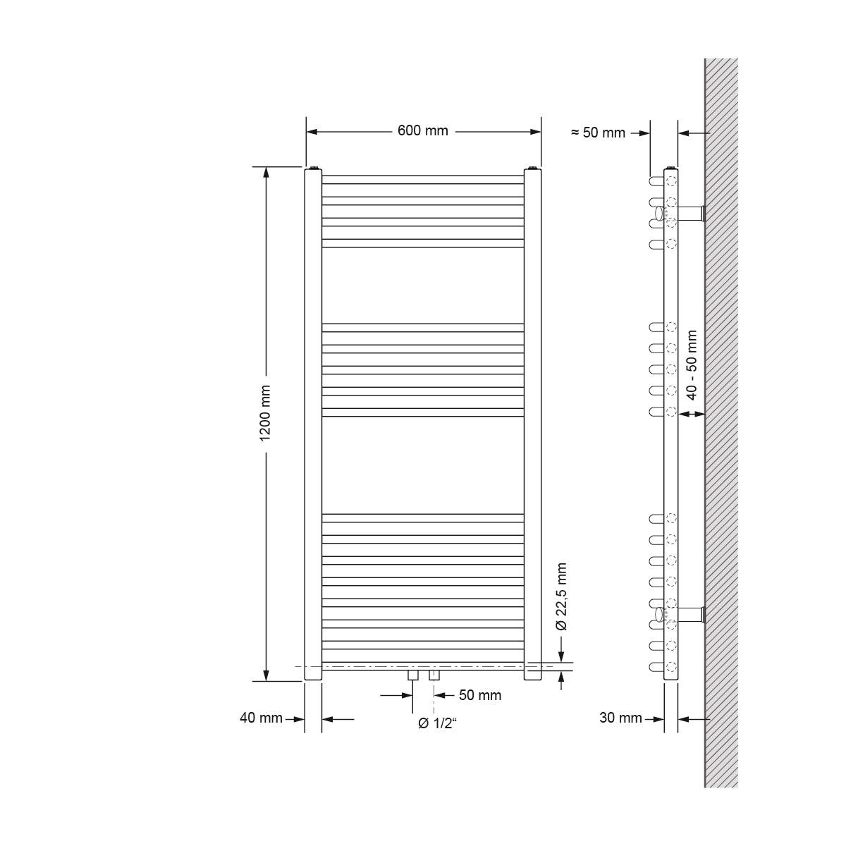 Rysunek techniczny zakrzywionego grzejnika, wymiary 600x1200 mm.