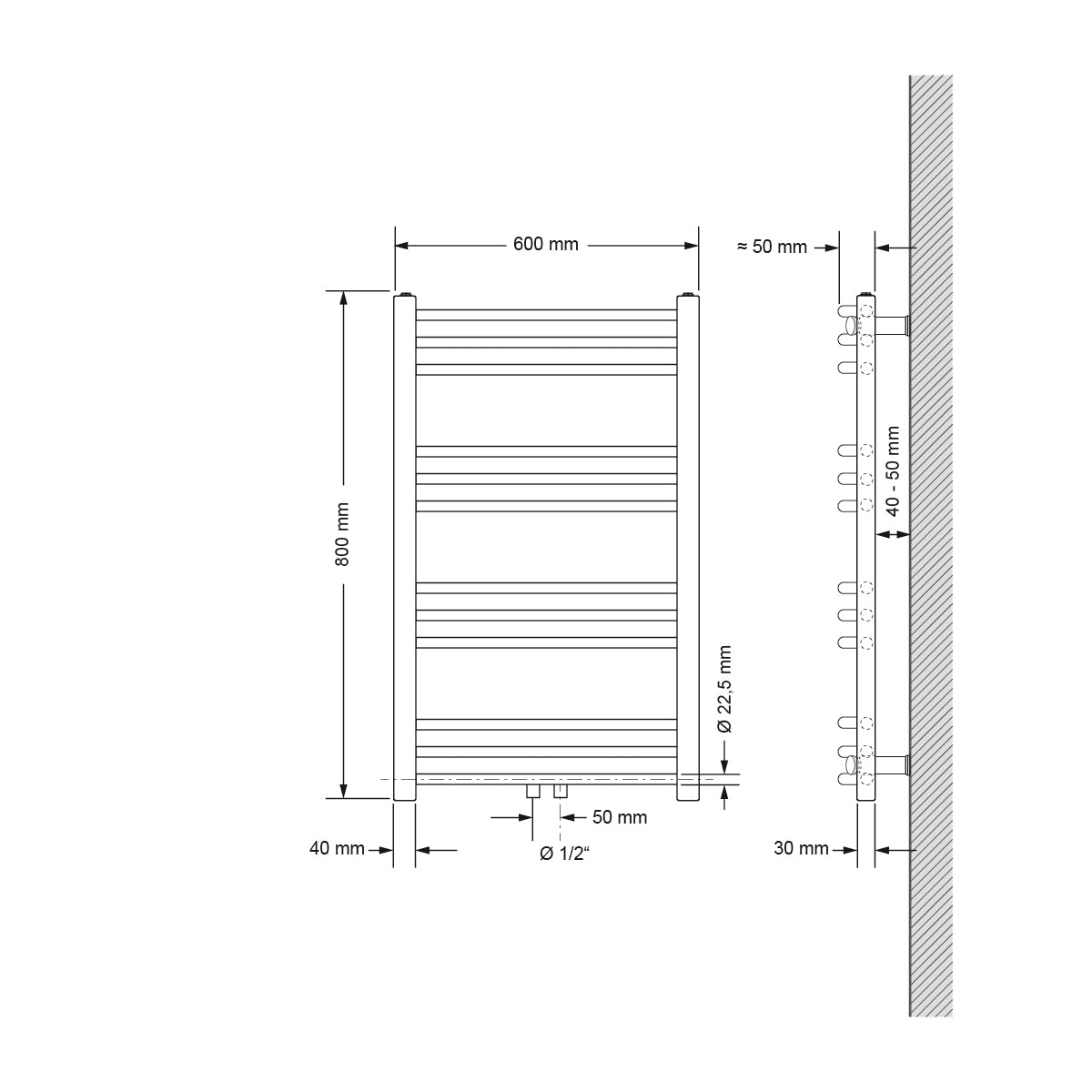 Technische Zeichnung eines gebogenen Heizkörpers, Maße 600x800 mm.