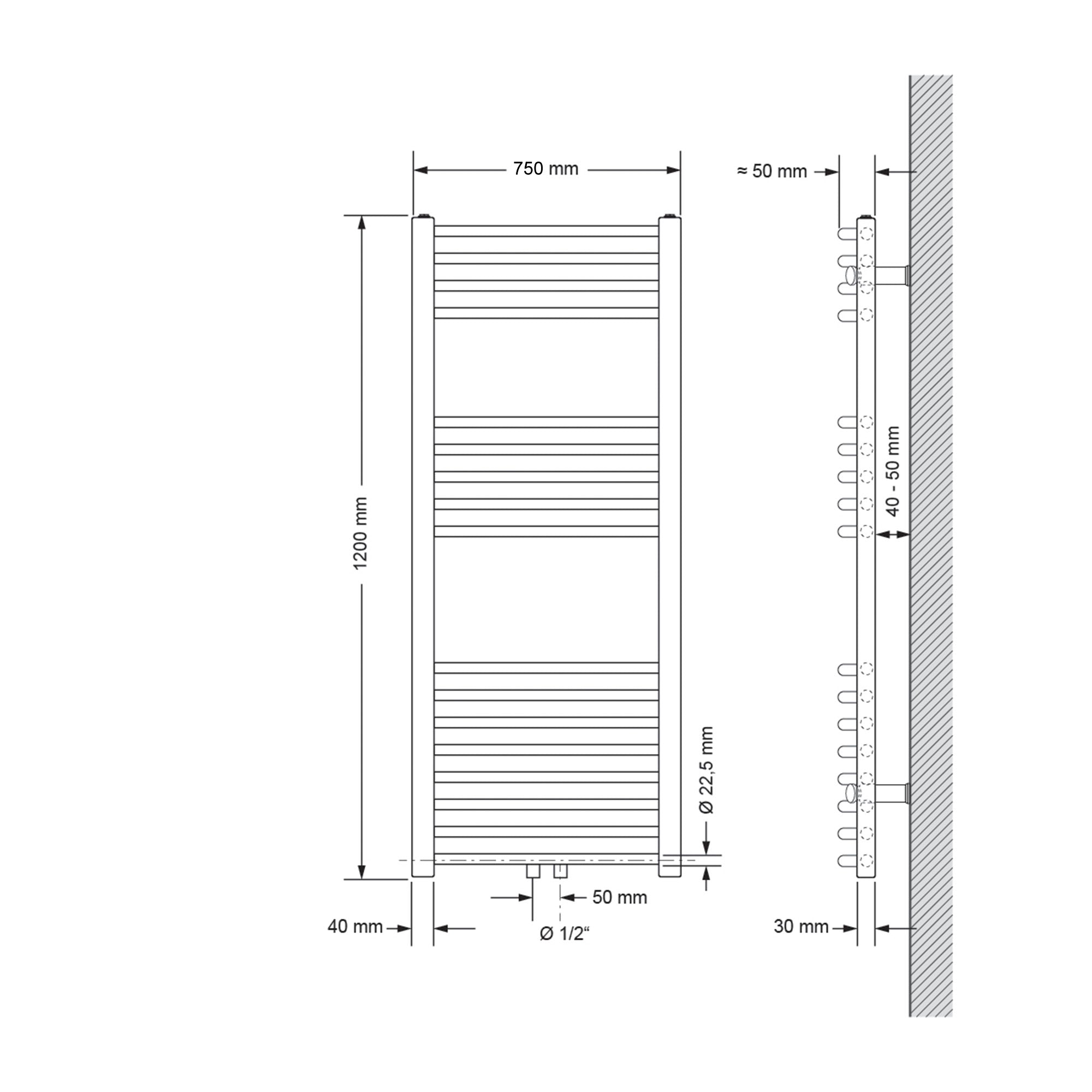Műszaki rajz egy ívelt radiátorról, méretek 750 mm x 1200 mm.