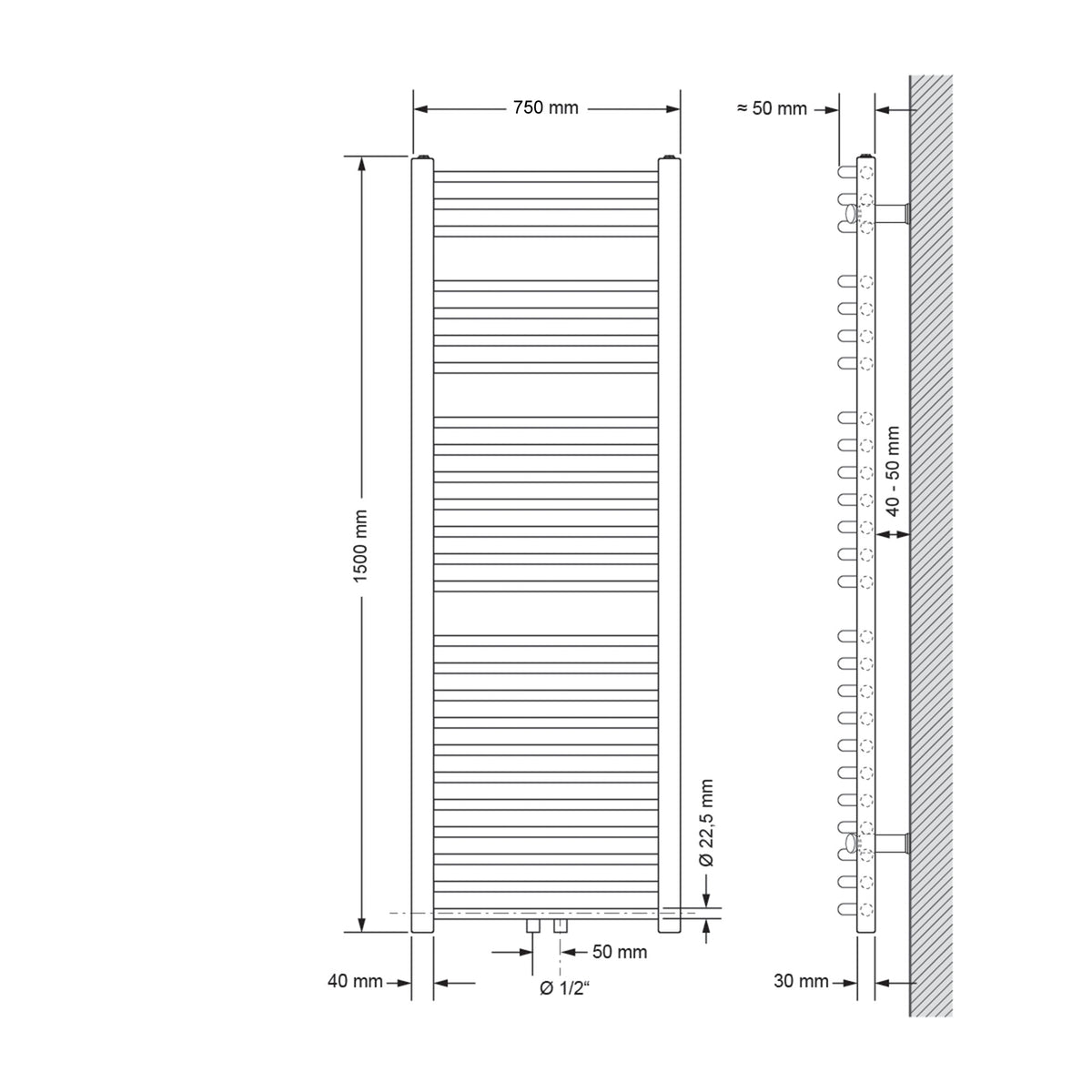 Technische Zeichnung eines Heizkörpers mit Maßen 750 mm x 1500 mm.