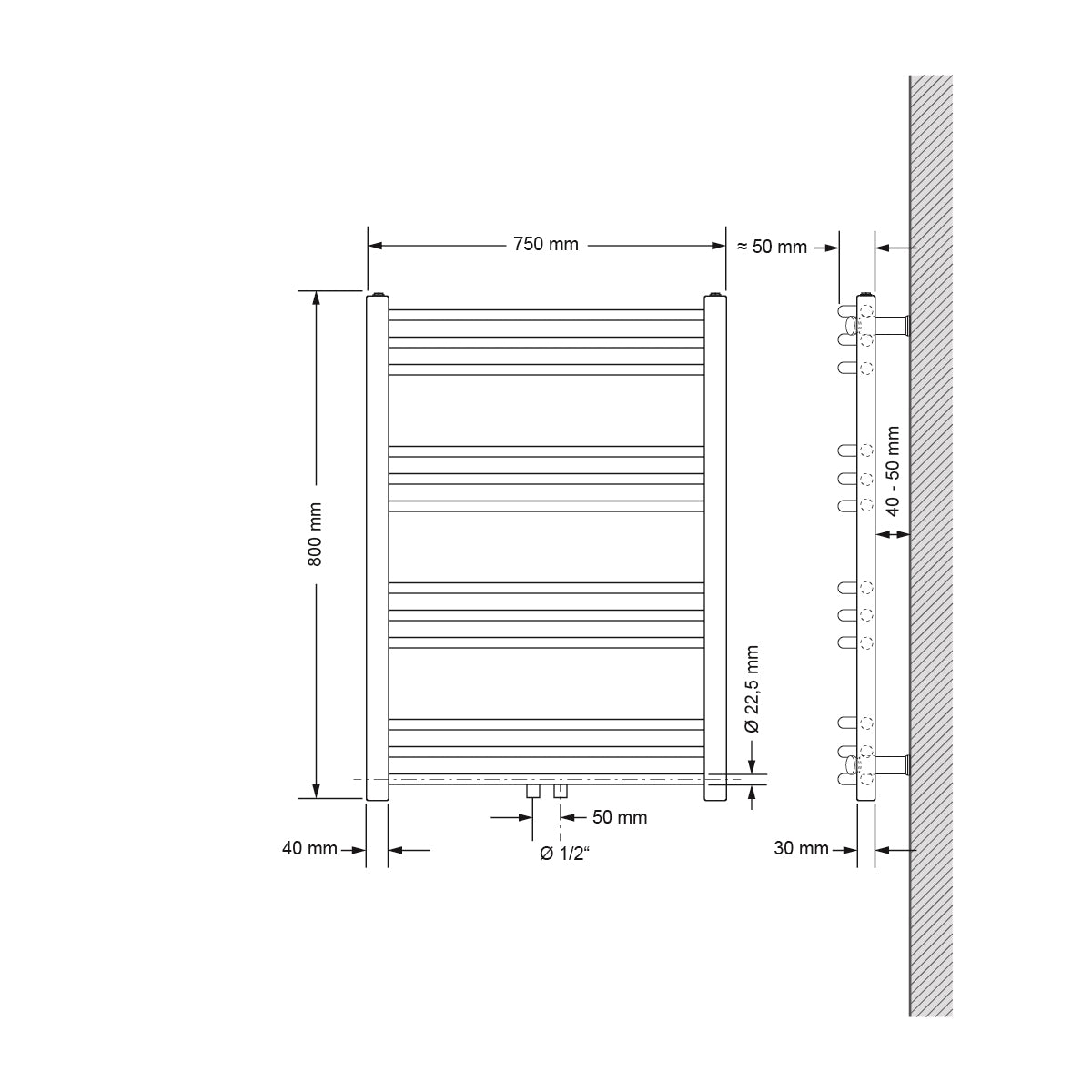 Dessin technique d'un radiateur courbé, dimensions 750 mm x 800 mm.