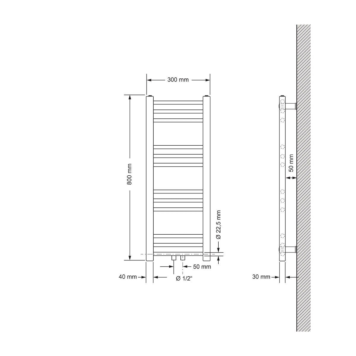 Dibujo técnico de un radiador recto, medidas 300 mm x 800 mm.