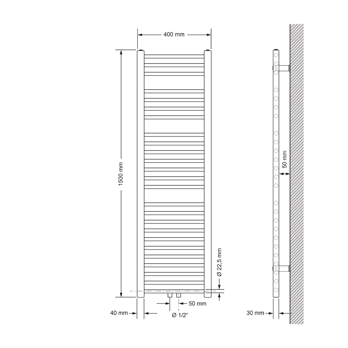 Teknisk tegning af en radiator, mål 400 mm x 1500 mm.