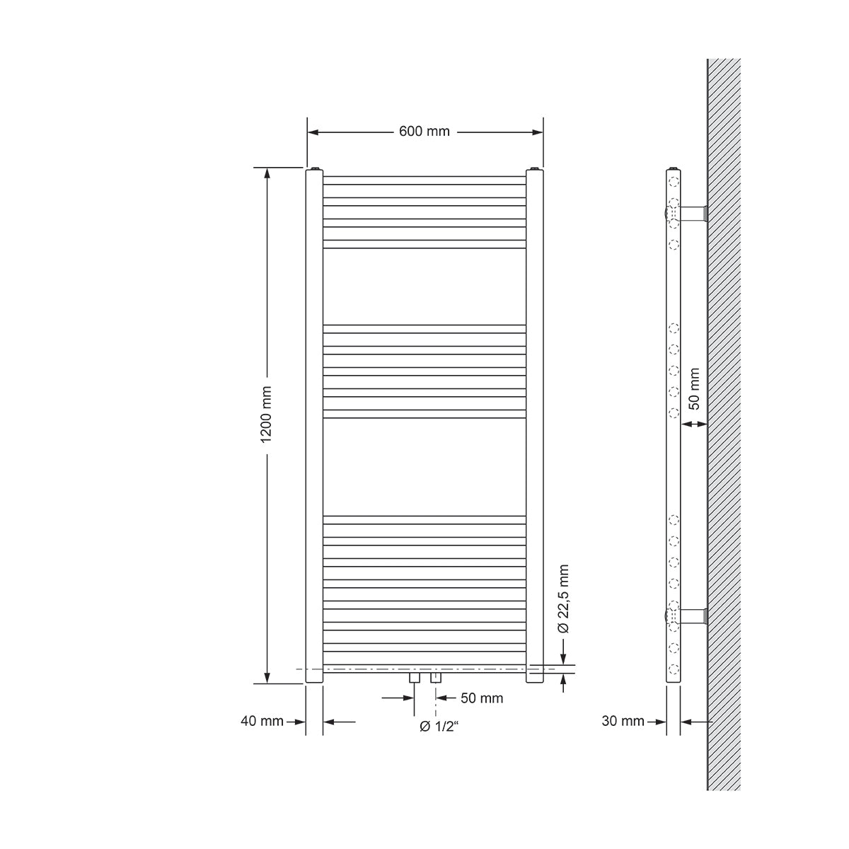 Technische Zeichnung eines Heizkörpers, Maße 600 mm x 1200 mm.