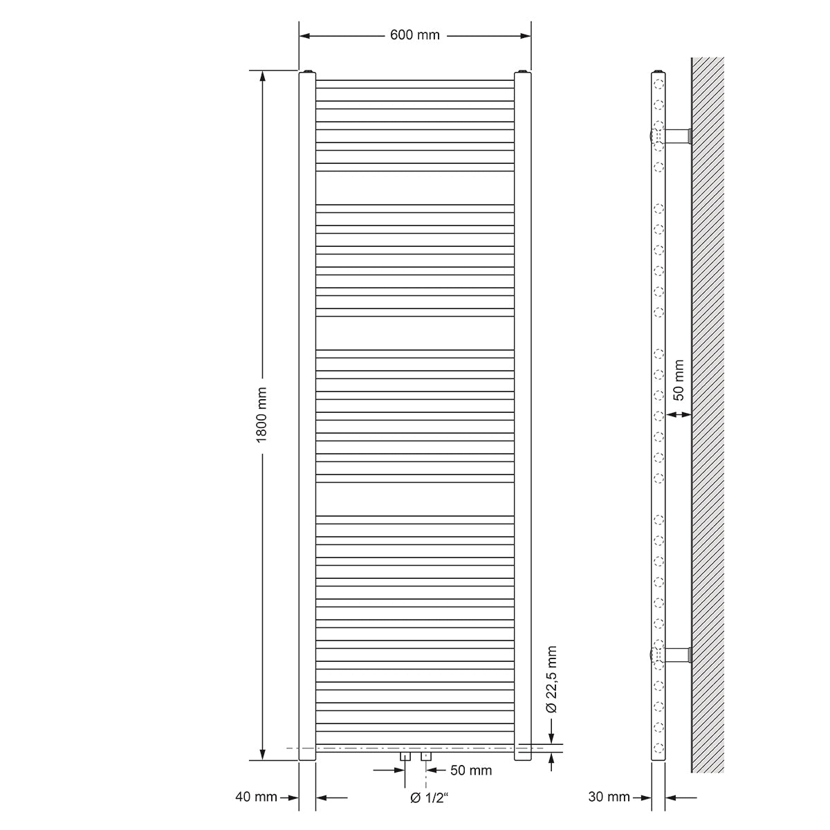 Teknisk tegning af en radiator, sidevisning, 60x180 cm.