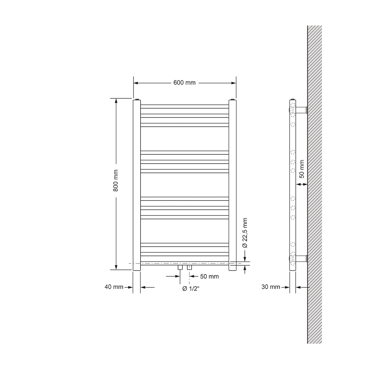 Technikai rajz egy fűtőtestről, méretek 600 mm x 800 mm.