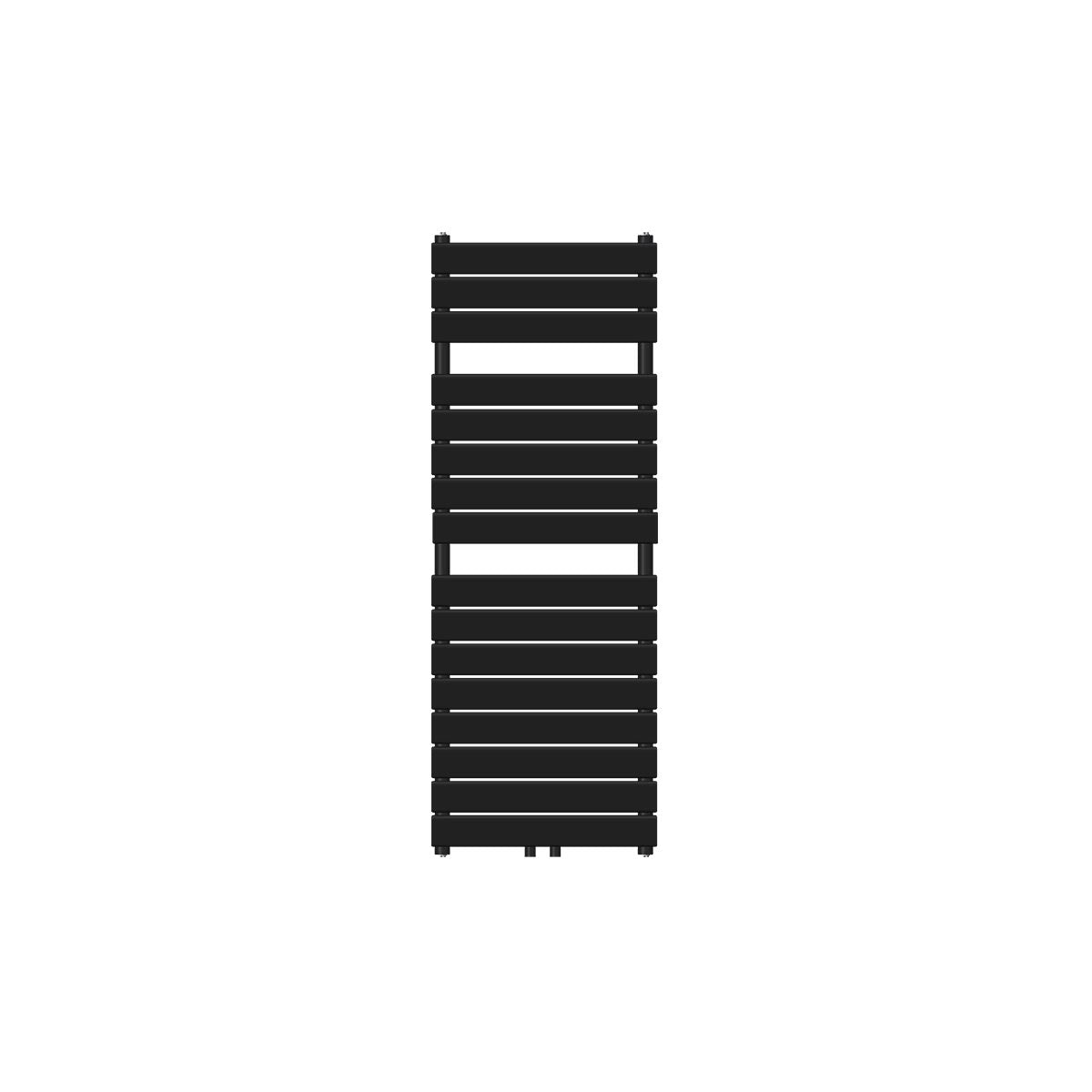 Sort radiator med vandrette lameller, opretstående.