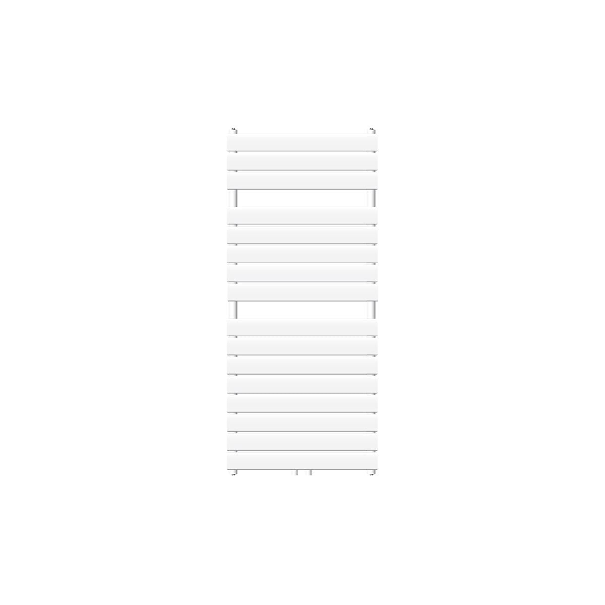 Witte handdoekradiator voor een witte achtergrond, frontaal.