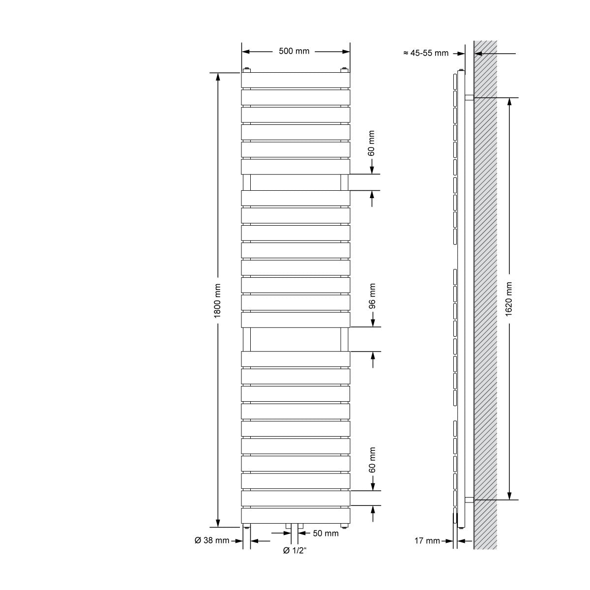 Teknisk tegning af en radiator i hvid og antracit, mål 500x1800 mm.