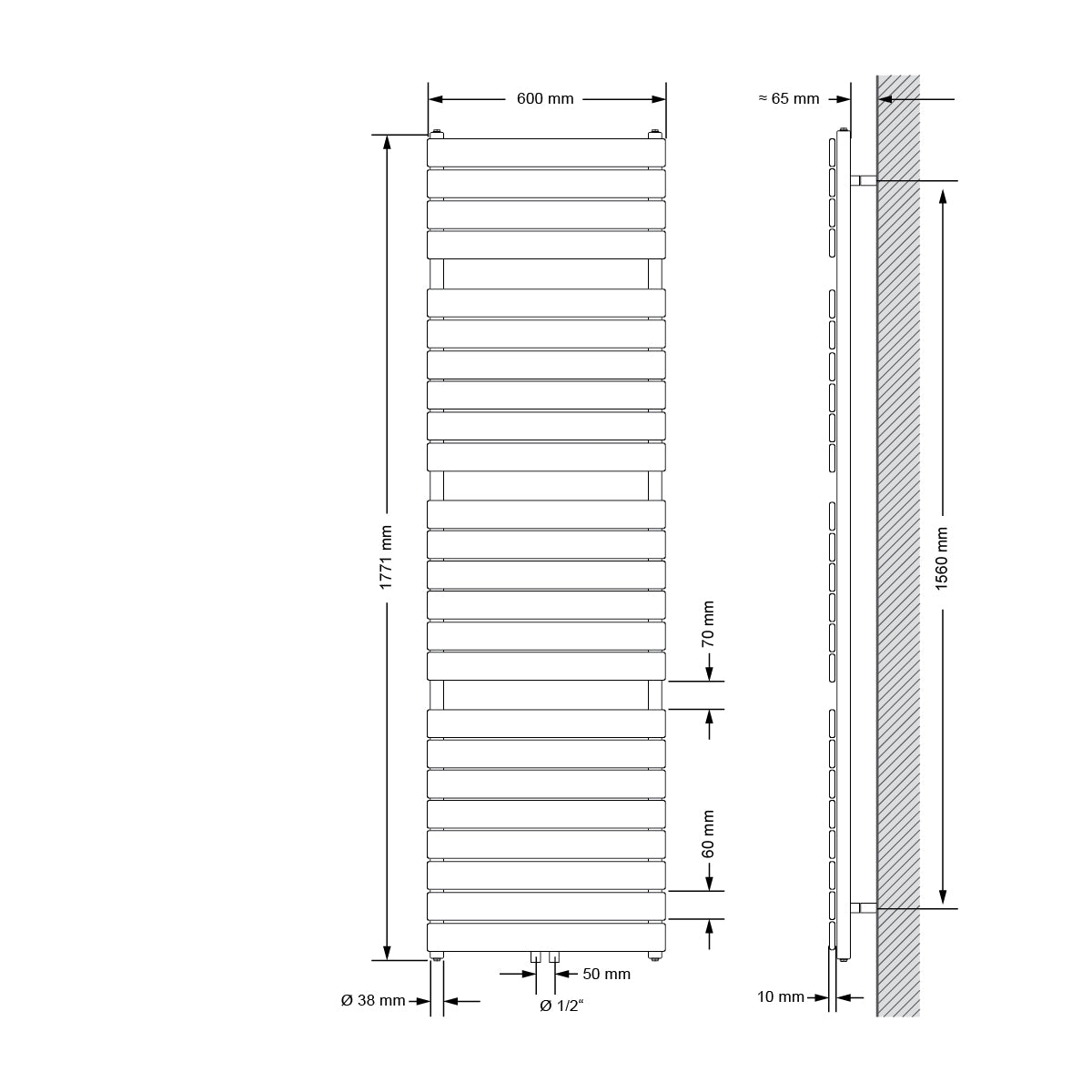 Disegno tecnico di un radiatore in bianco e antracite, dimensioni 600x1771 mm.