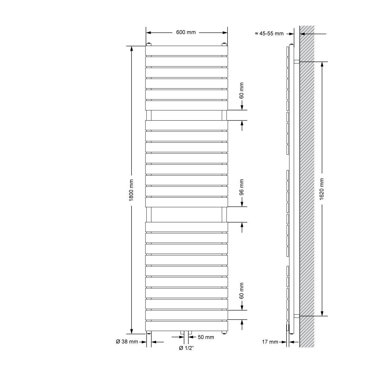 Rysunek techniczny grzejnika w kolorze białym i antracytowym, wymiary 600x1800 mm.