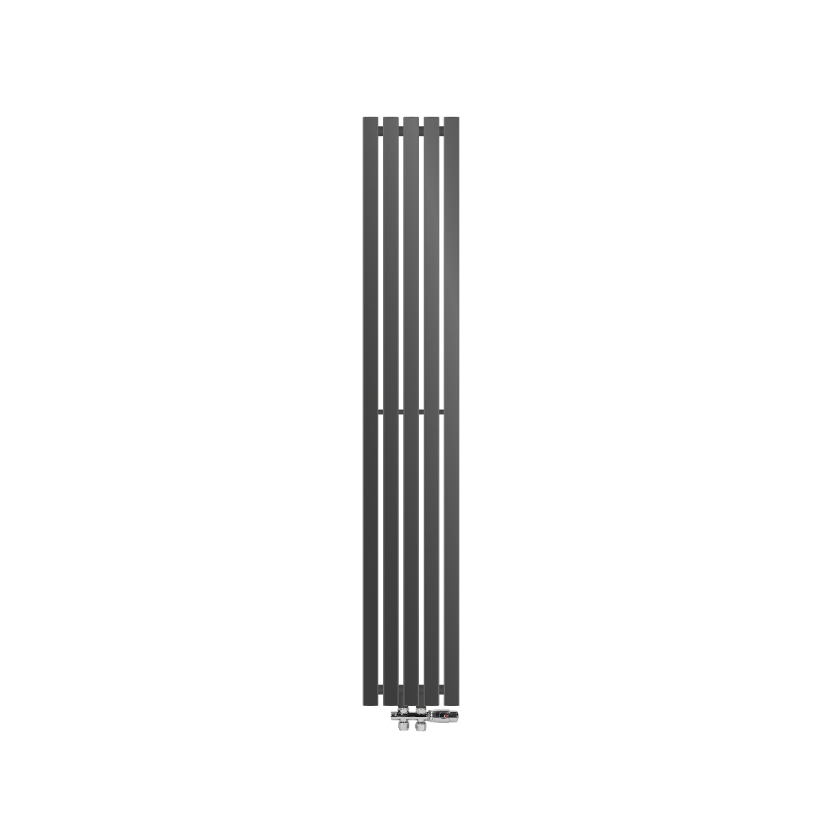 Radiateur anthracite haut avec lamelles verticales, monté au sol.