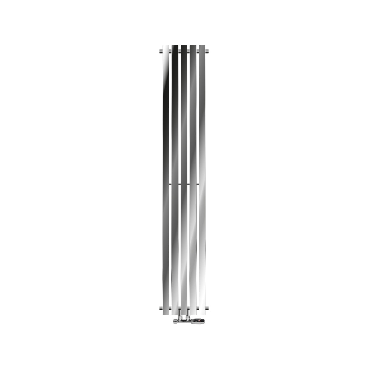 Tall, vertical radiator in chrome with wide fins.