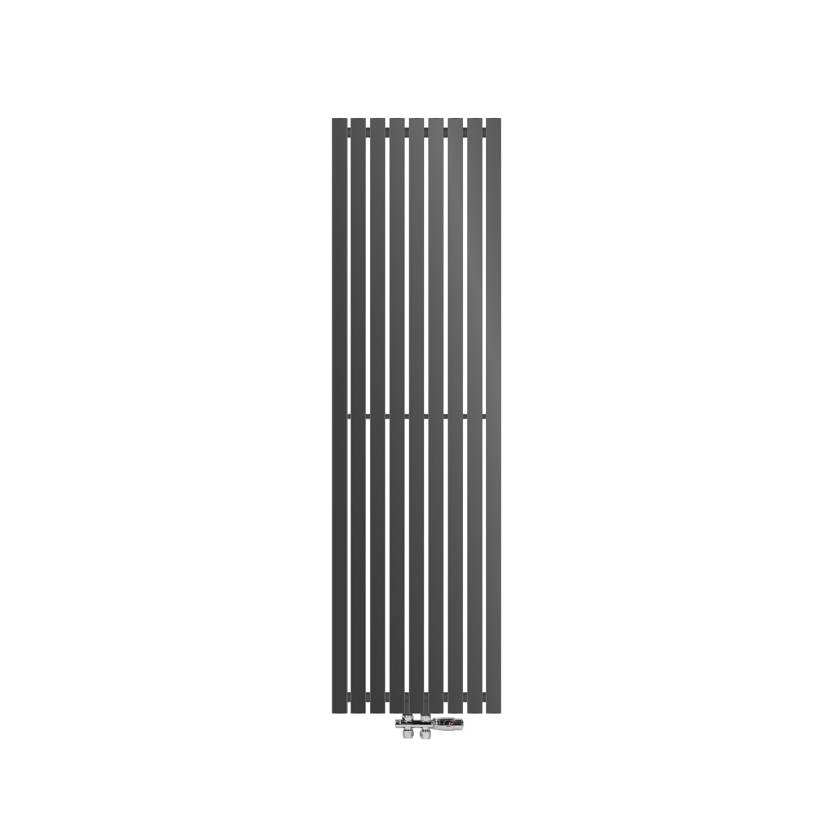 A vertical radiator in dark gray with narrow fins, standing on the floor.