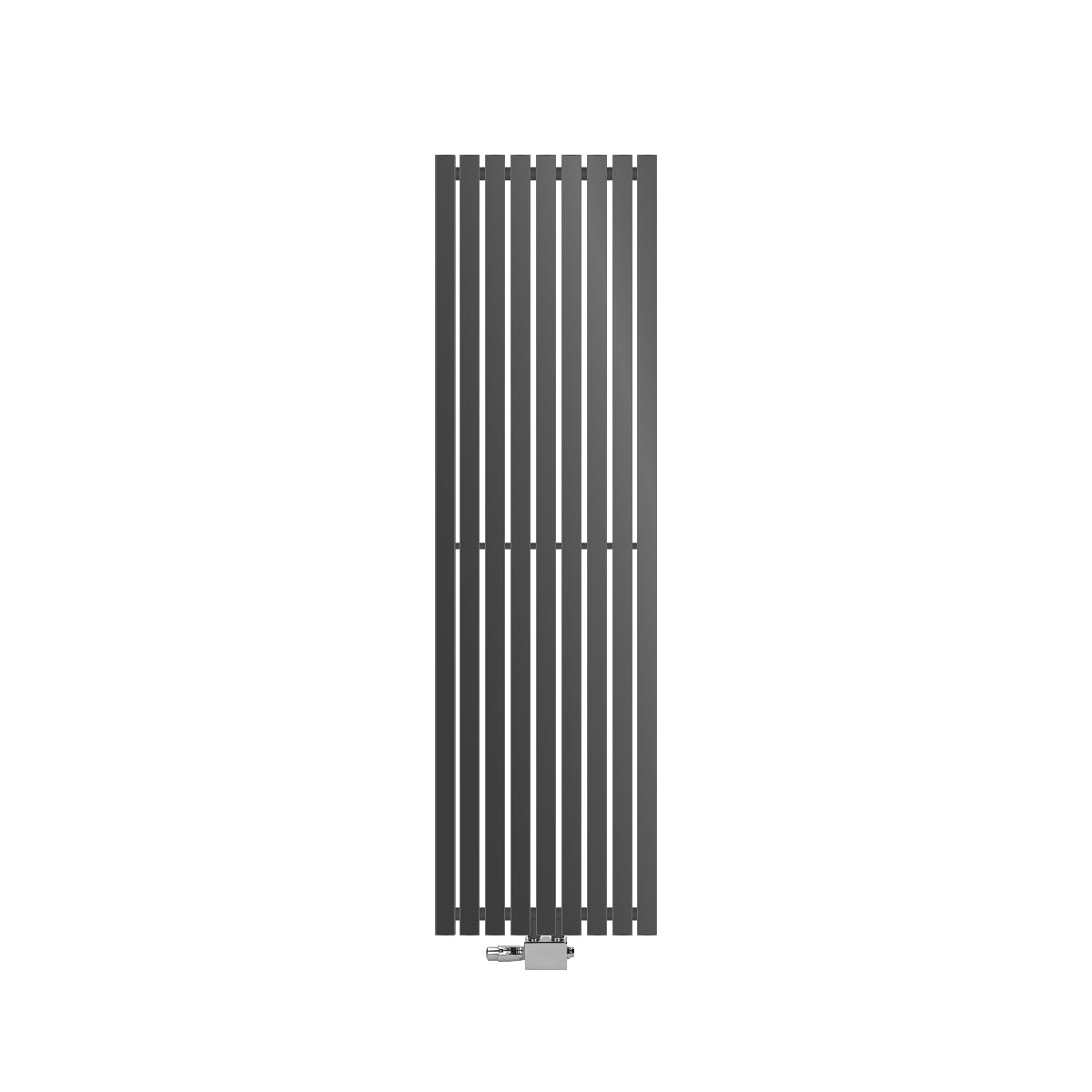 Tall, anthracite-colored radiators with vertical fins.