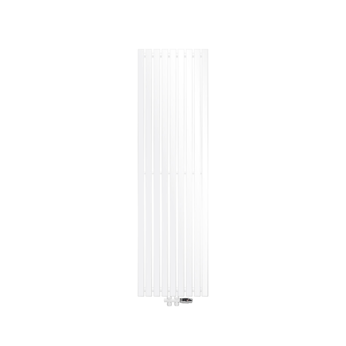 Tall, narrow radiator in white with vertical fins.