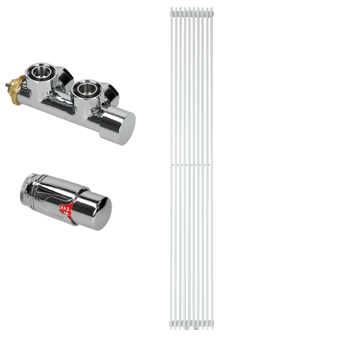 White connectors for radiators, consisting of two parts.