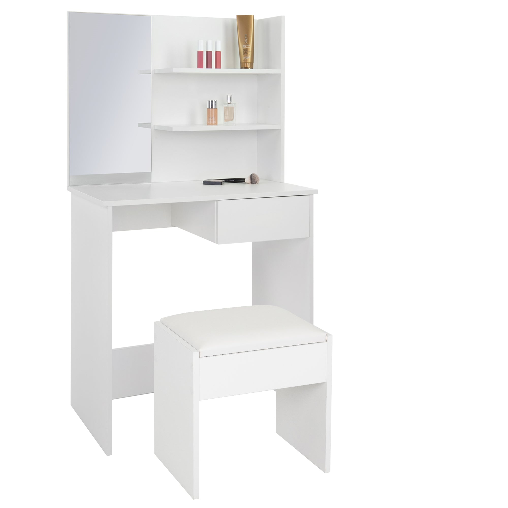 Coiffeuse blanche avec miroir et étagères, accompagnée d'un tabouret.