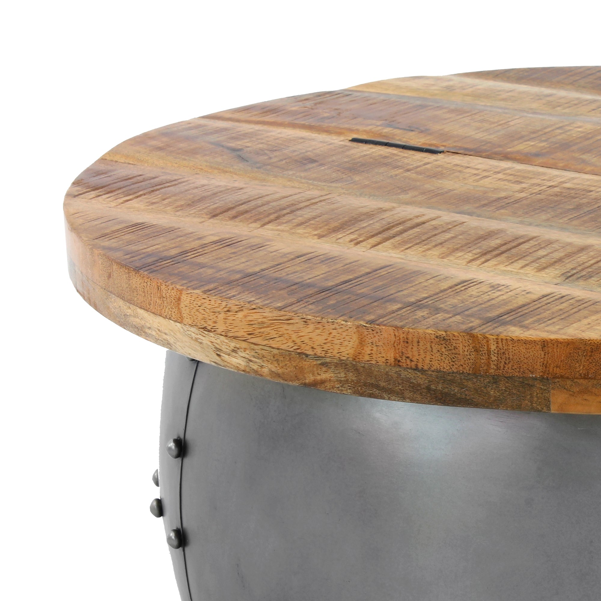 Runde Tischplatte aus Holz mit sichtbarer Maserung und Metallunterbau.