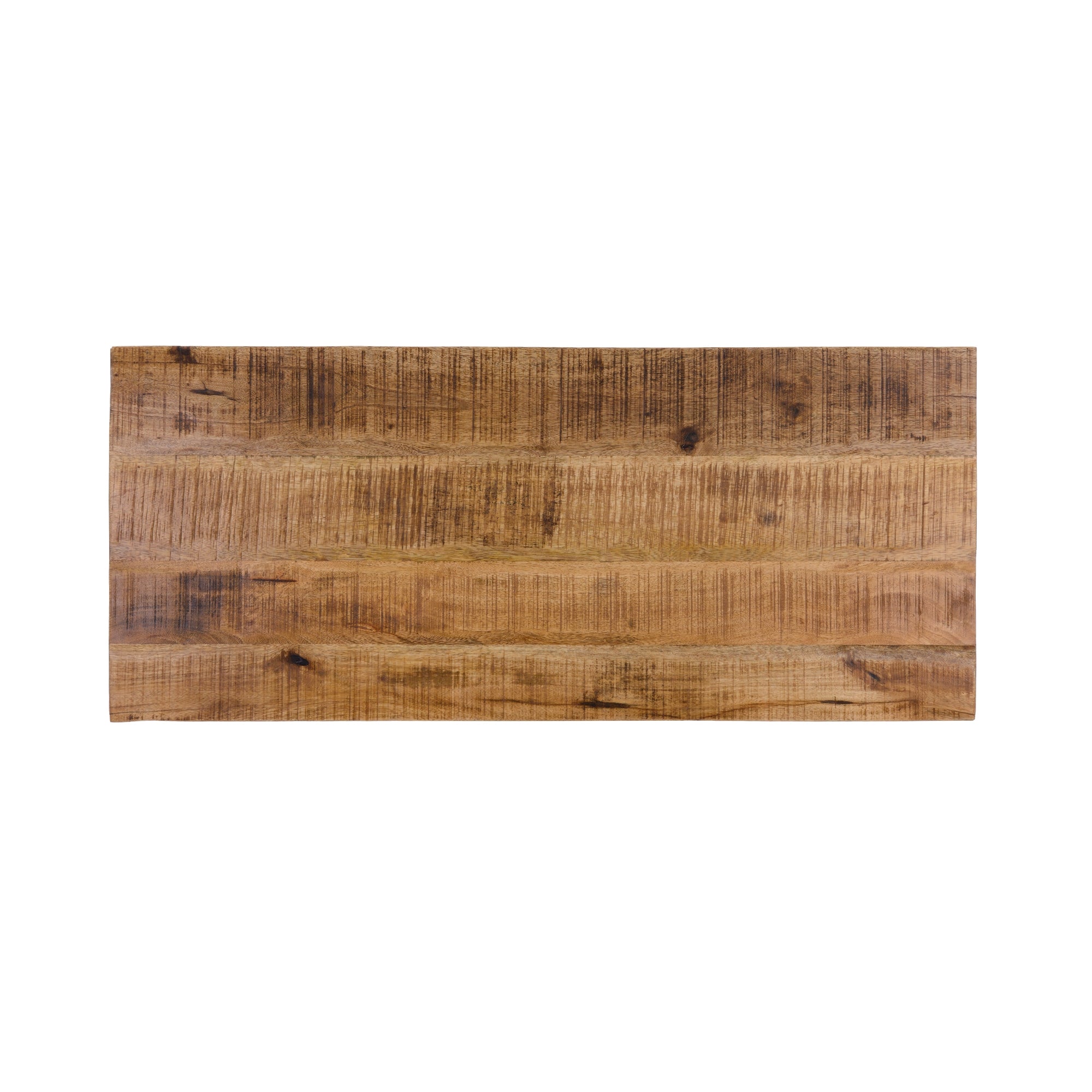 Tablero de mesa de madera con vetas de madera visibles y forma rectangular.
