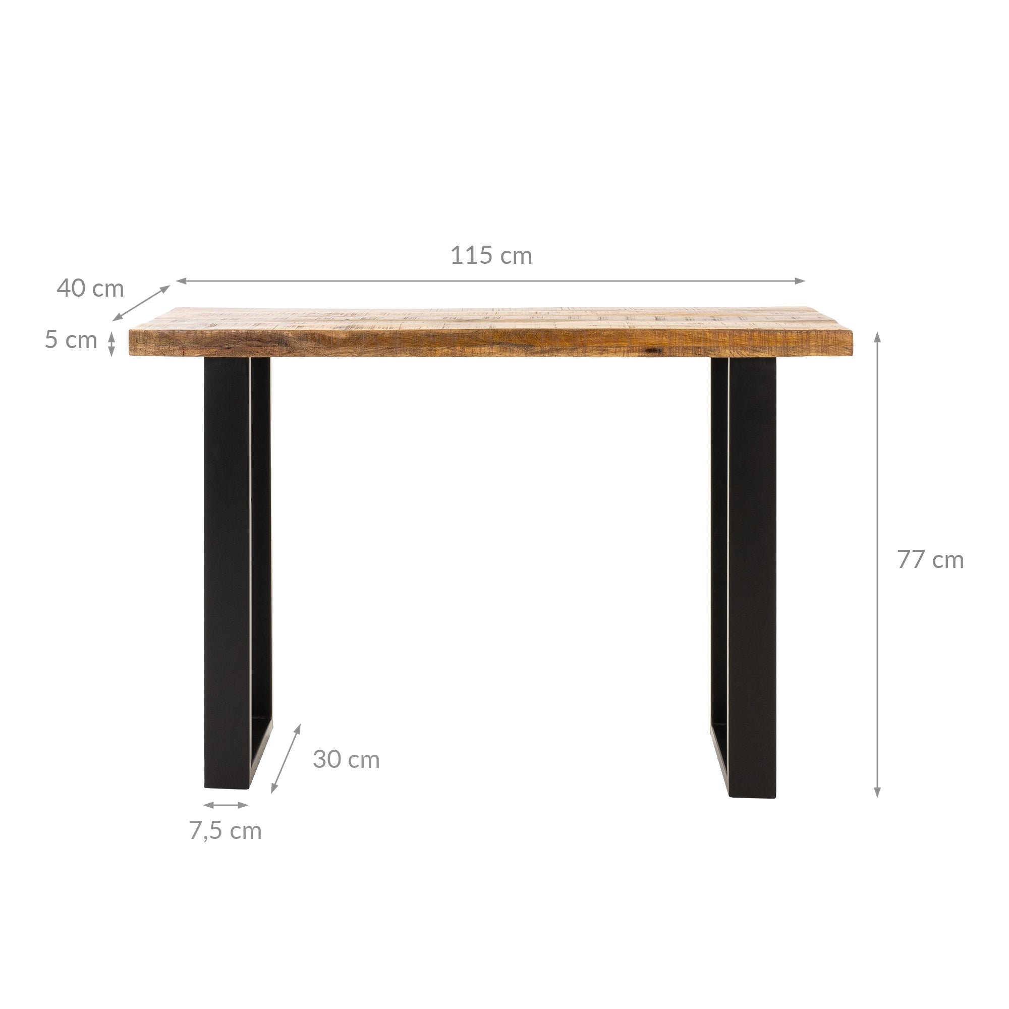 Medidas de un mesa rectangular con tablero de madera y cuatro patas.