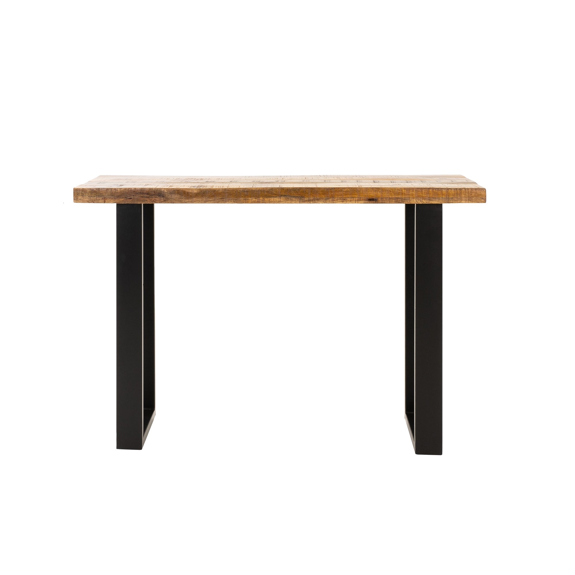 Mesa con un tablero de madera y patas de mesa cuadradas negras.