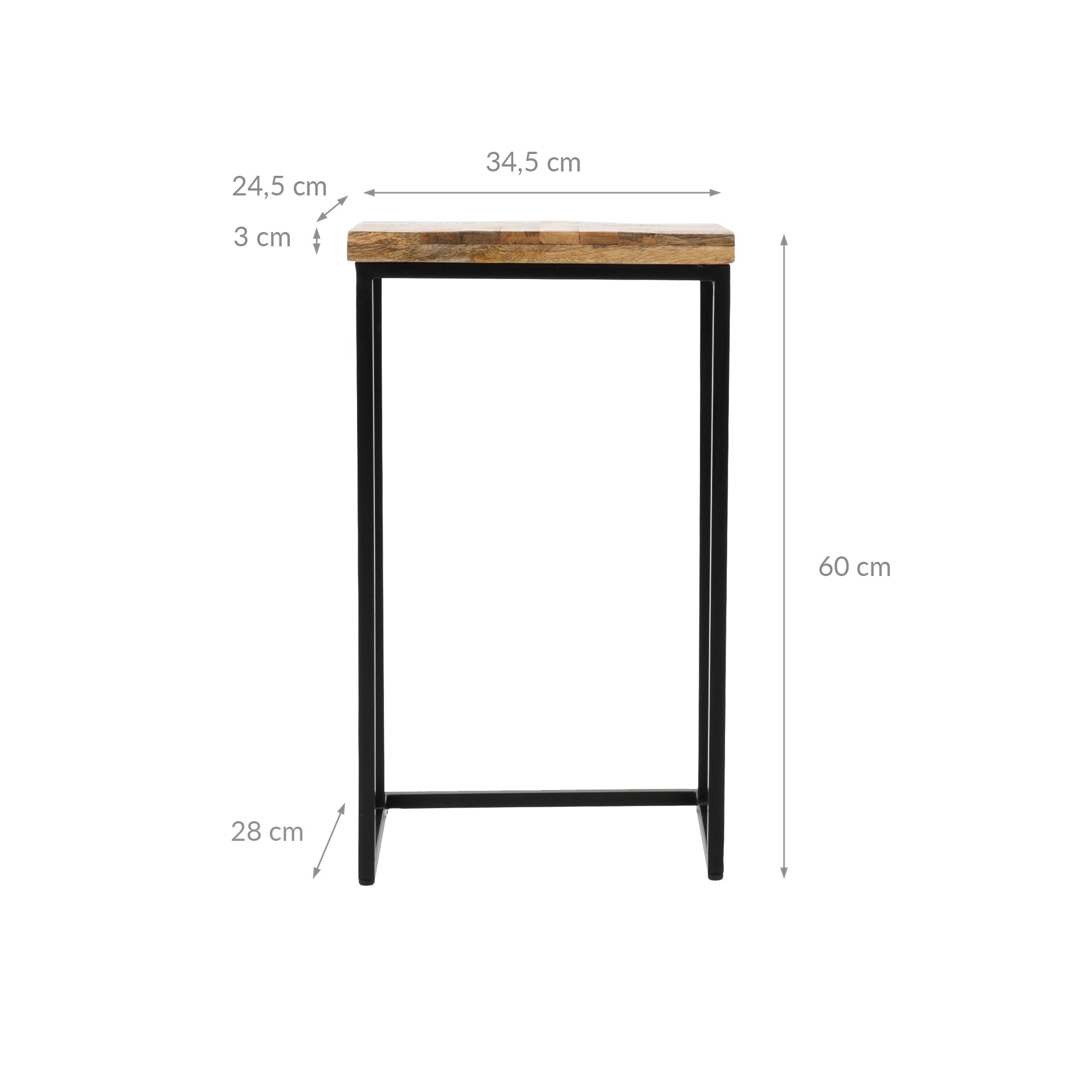 Table surélevée avec un plateau en bois et une structure en métal noir.