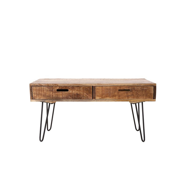Mesa de madera con dos cajones y patas de metal.