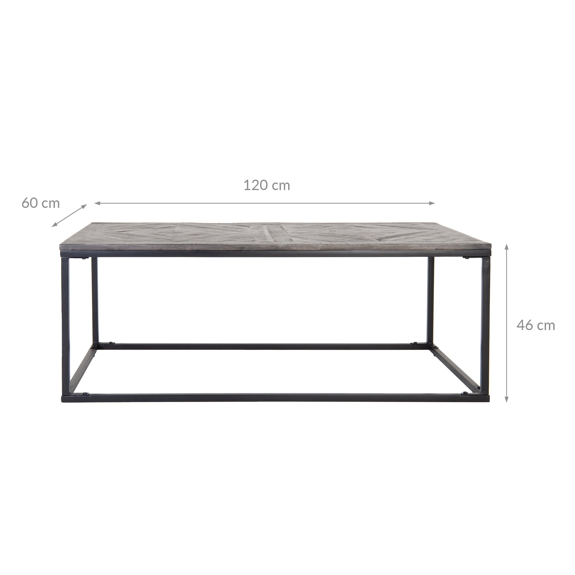 Rechteckiger Tisch mit grauer Holzplatte, Maße: 120 cm x 60 cm x 46 cm.