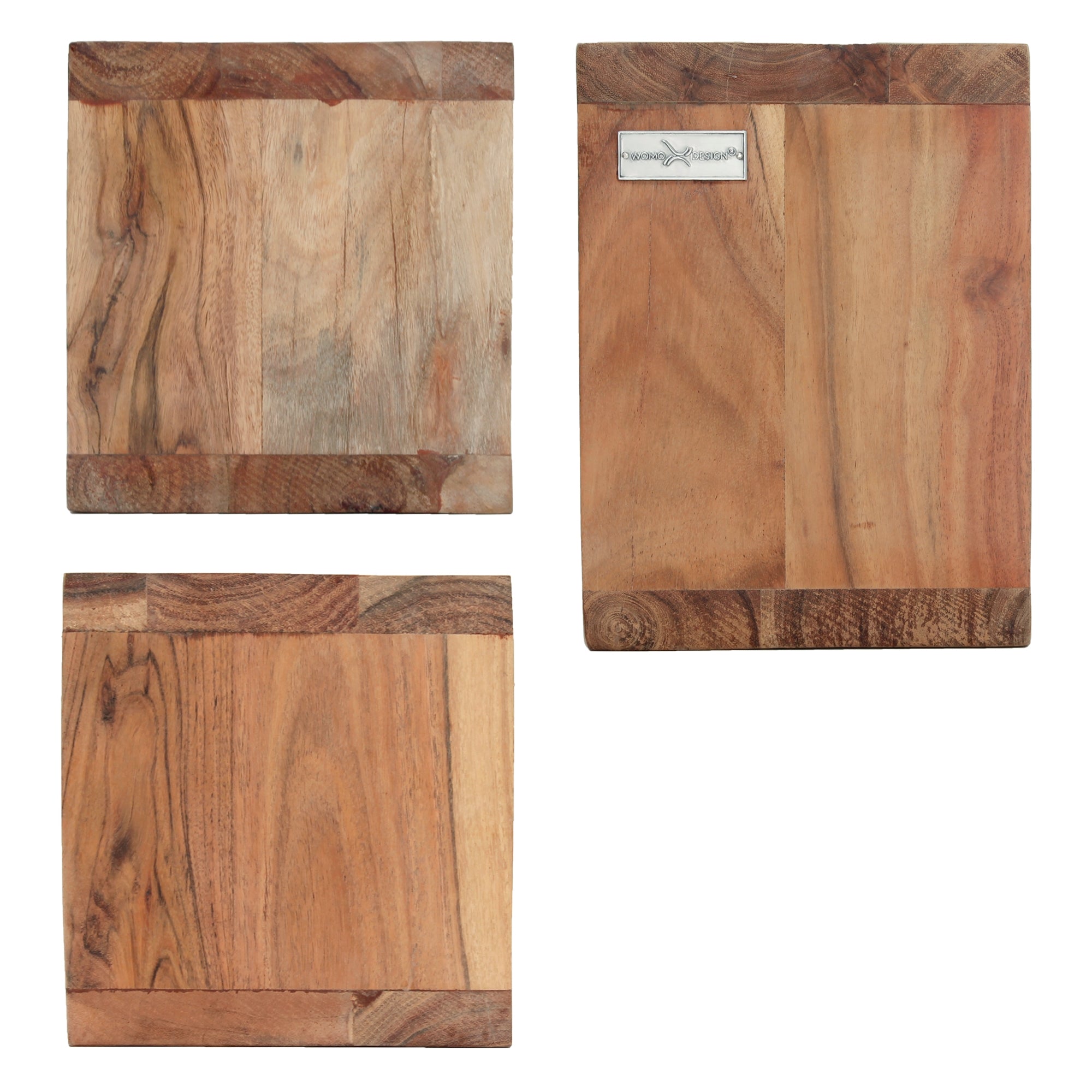 Drie houten platen in verschillende maten, met een label.