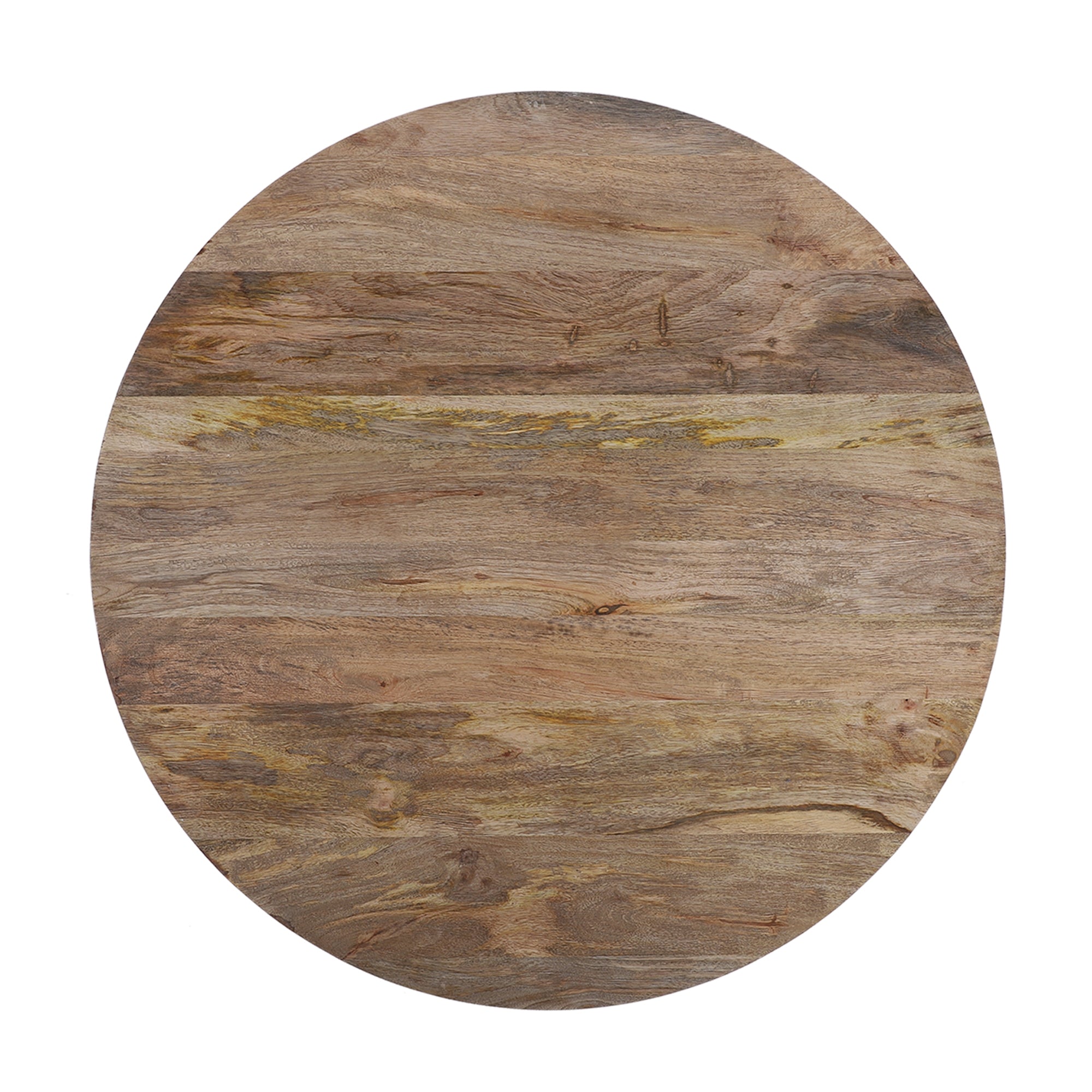 Round wooden table with visible wood grain.