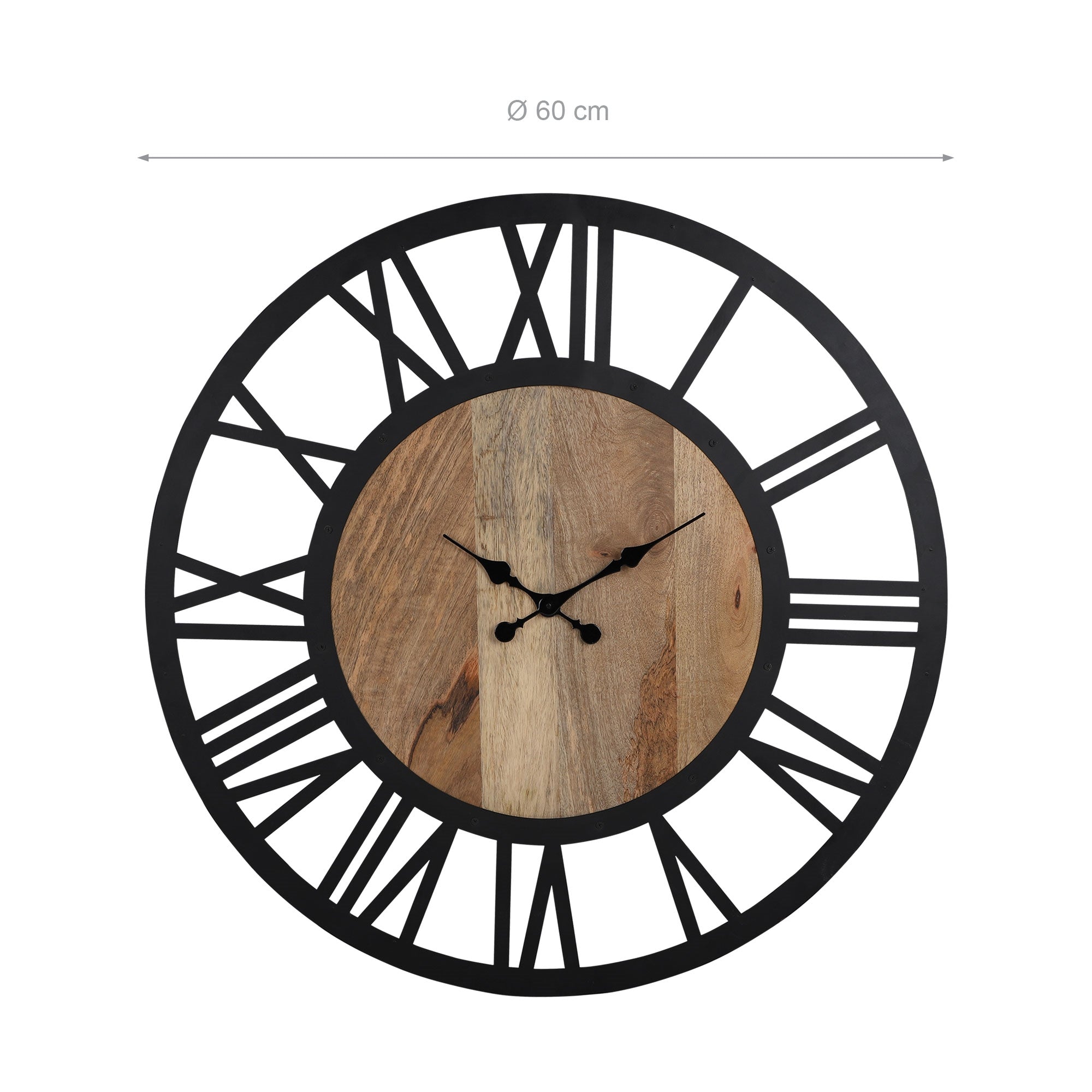 Reloj con marco negro y números romanos sobre madera.