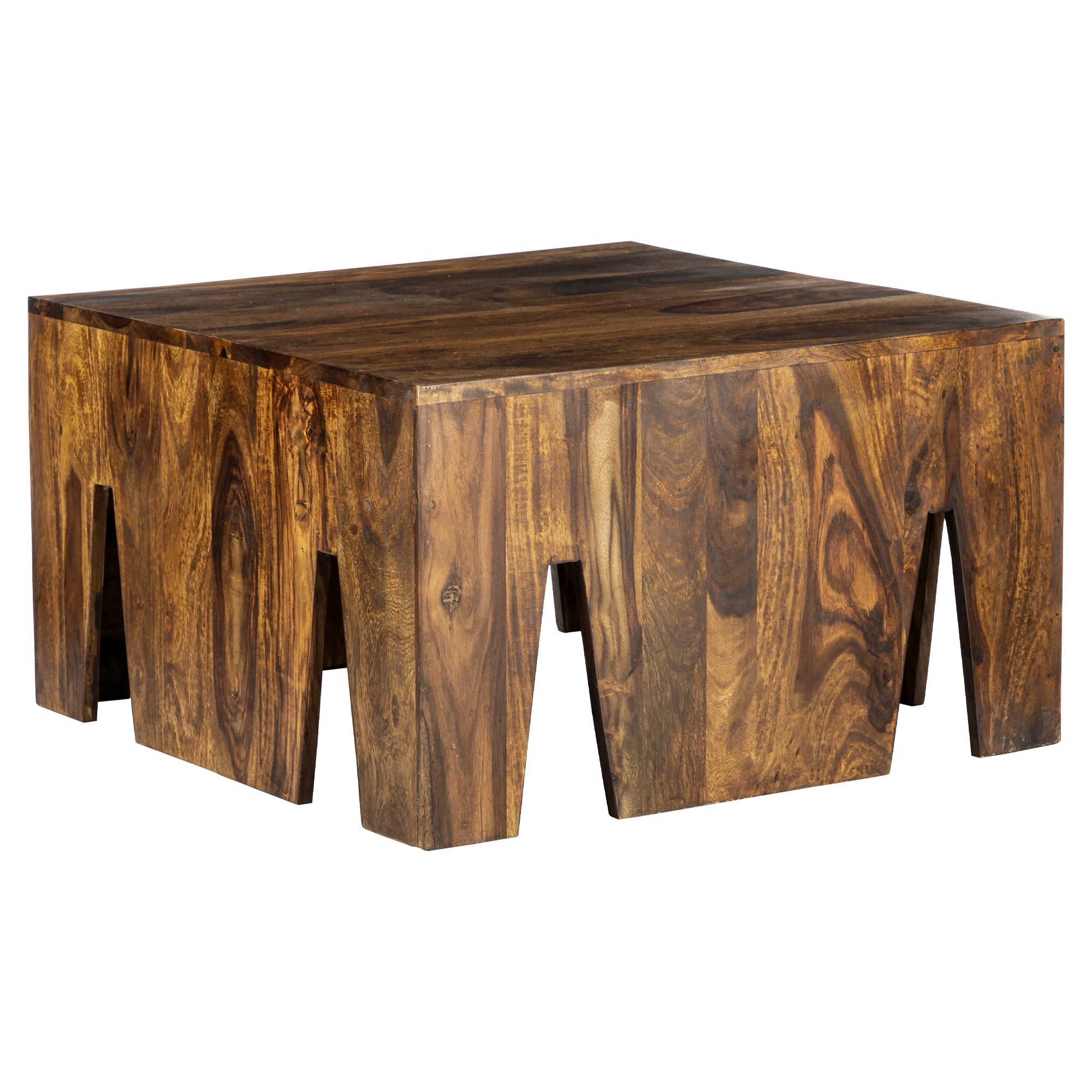 Mesa de madera cuadrada con lados fresados y vetas de madera oscura.
