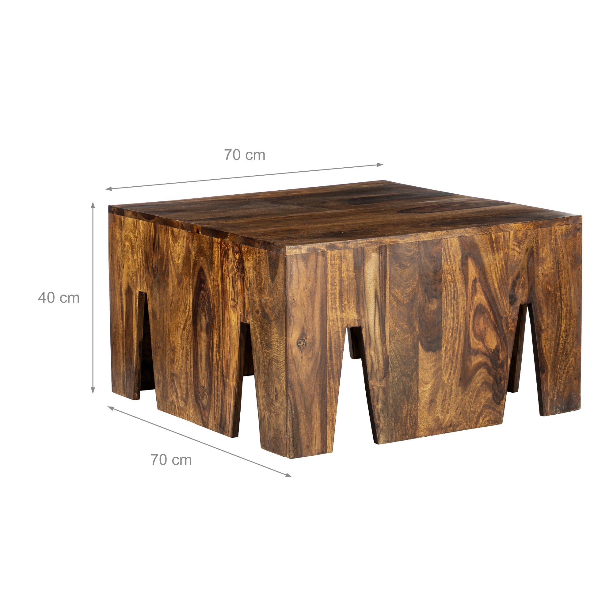 Una mesa de madera cuadrada con un lado de 70 cm y una altura de 40 cm.