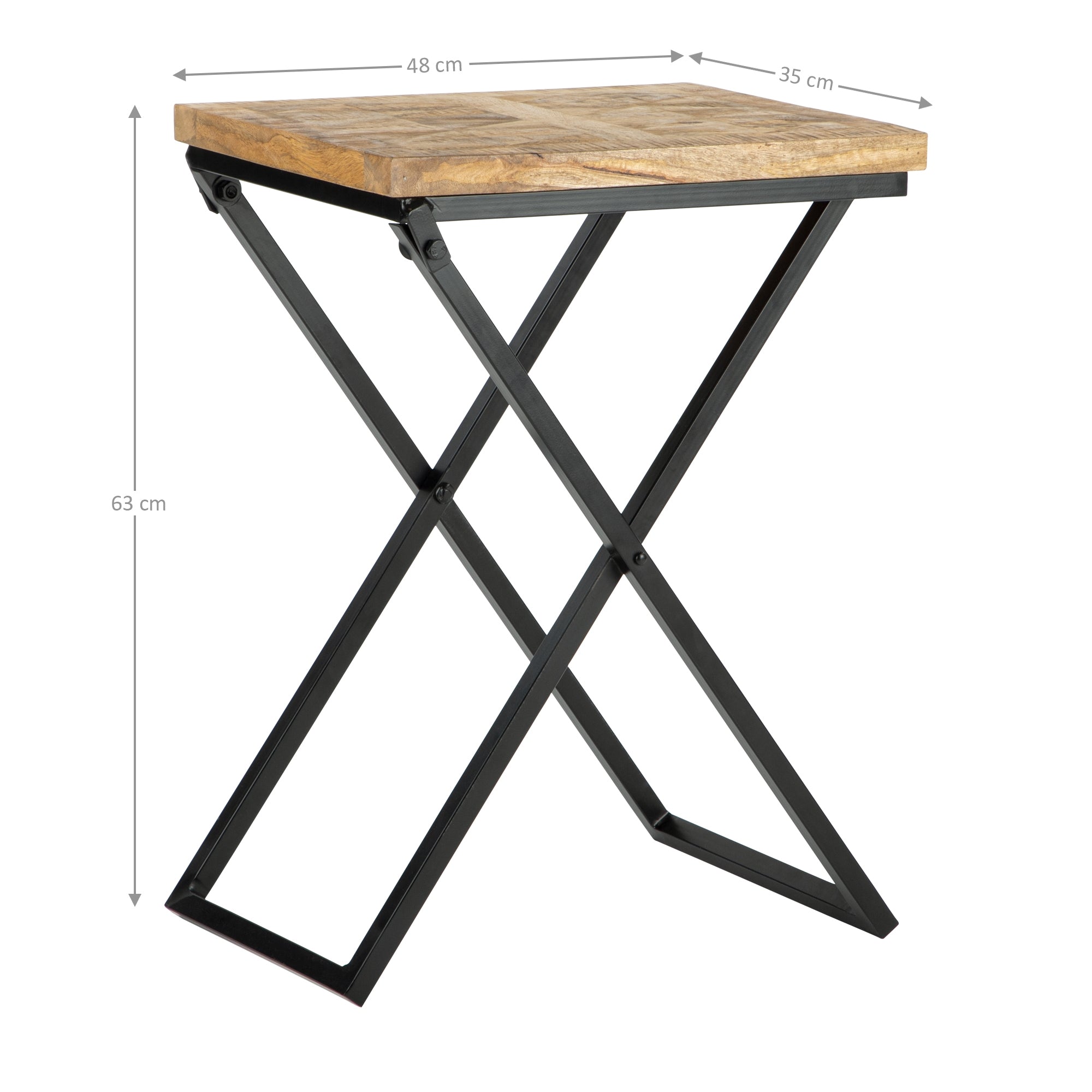 Et sammenklappeligt bord med træplade og sort metalstel, mål: 48x35x63 cm.
