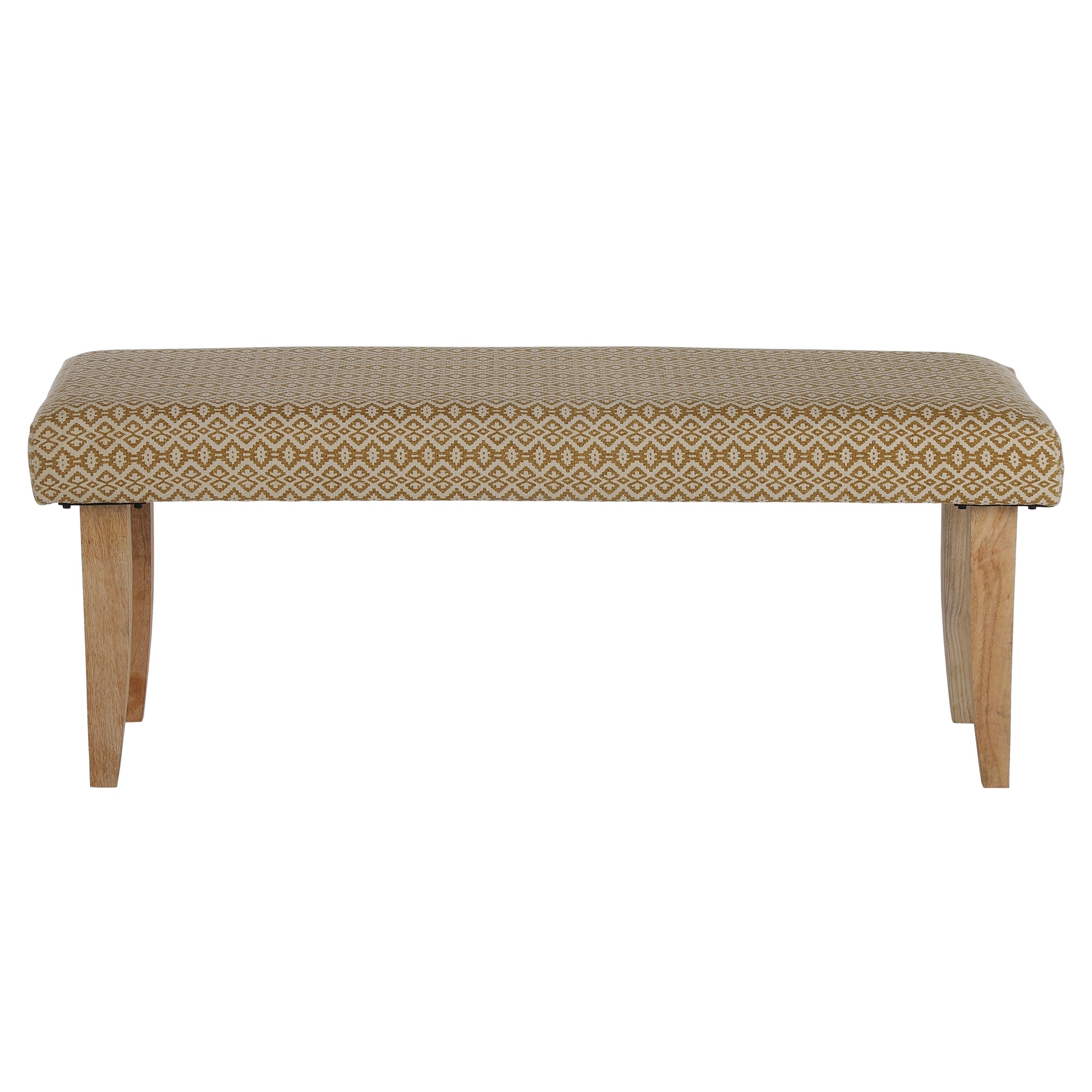 Bequeme, gepolsterte Bank mit einem geometrischen Muster in Beige.