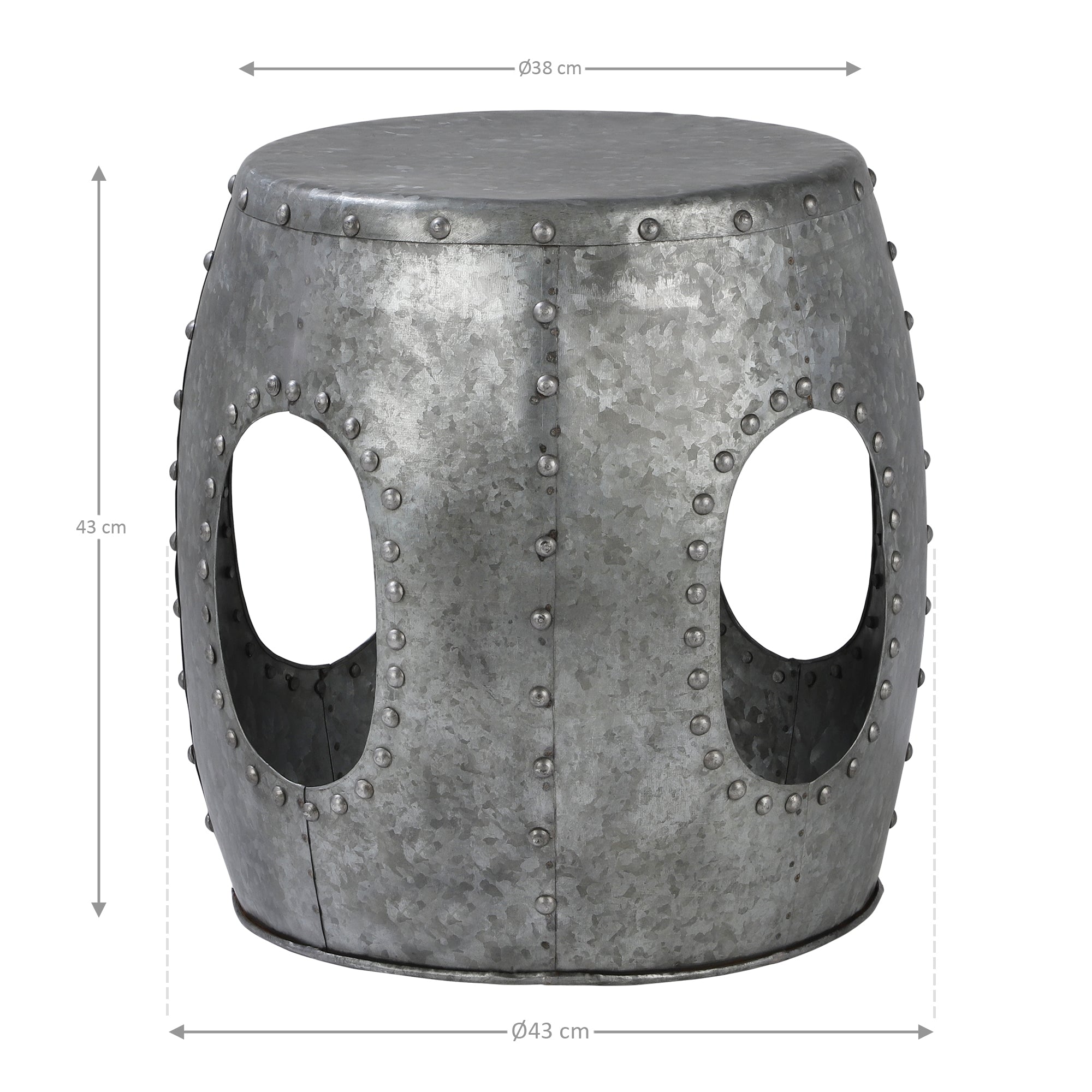 Grau-metallic Hocker mit zwei runden Öffnungen und Durchmessern von 43 cm und 43 cm.